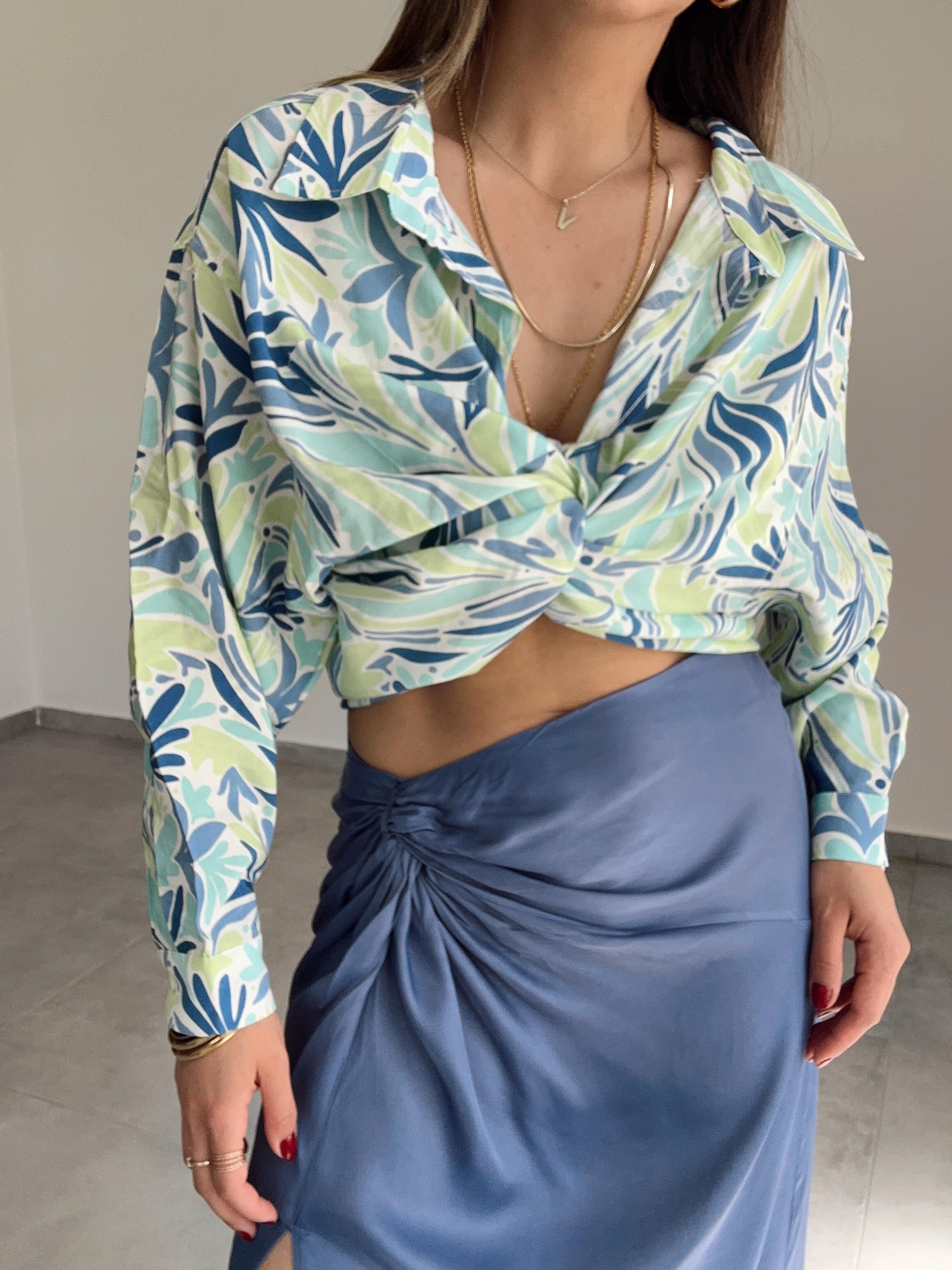 Mavi-Yeşil Desenli Cepli Oversize Gömlek