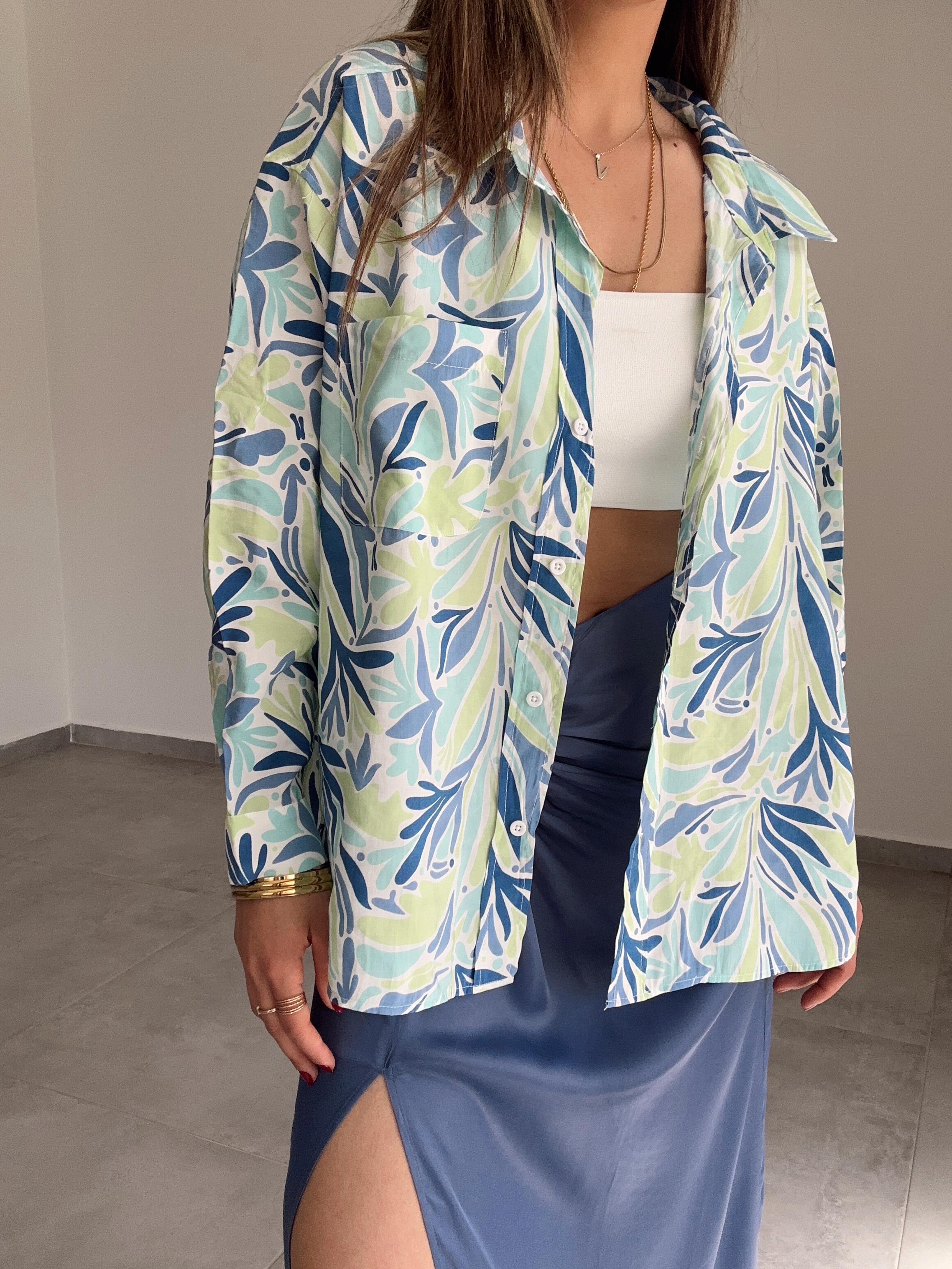 Mavi-Yeşil Desenli Cepli Oversize Gömlek