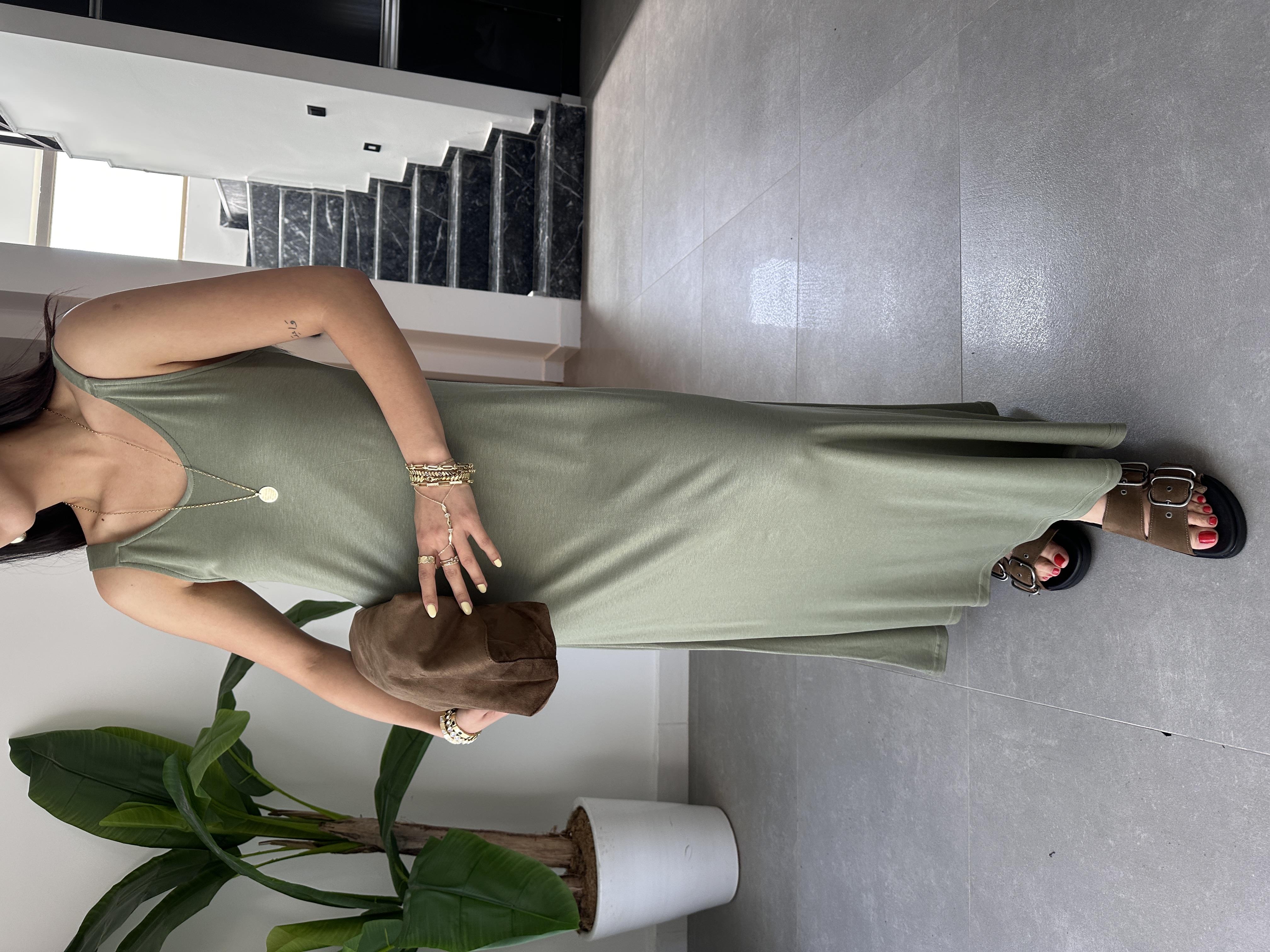 Mint Yeşili Büzgü Askılı Modal Kumaş Elbise