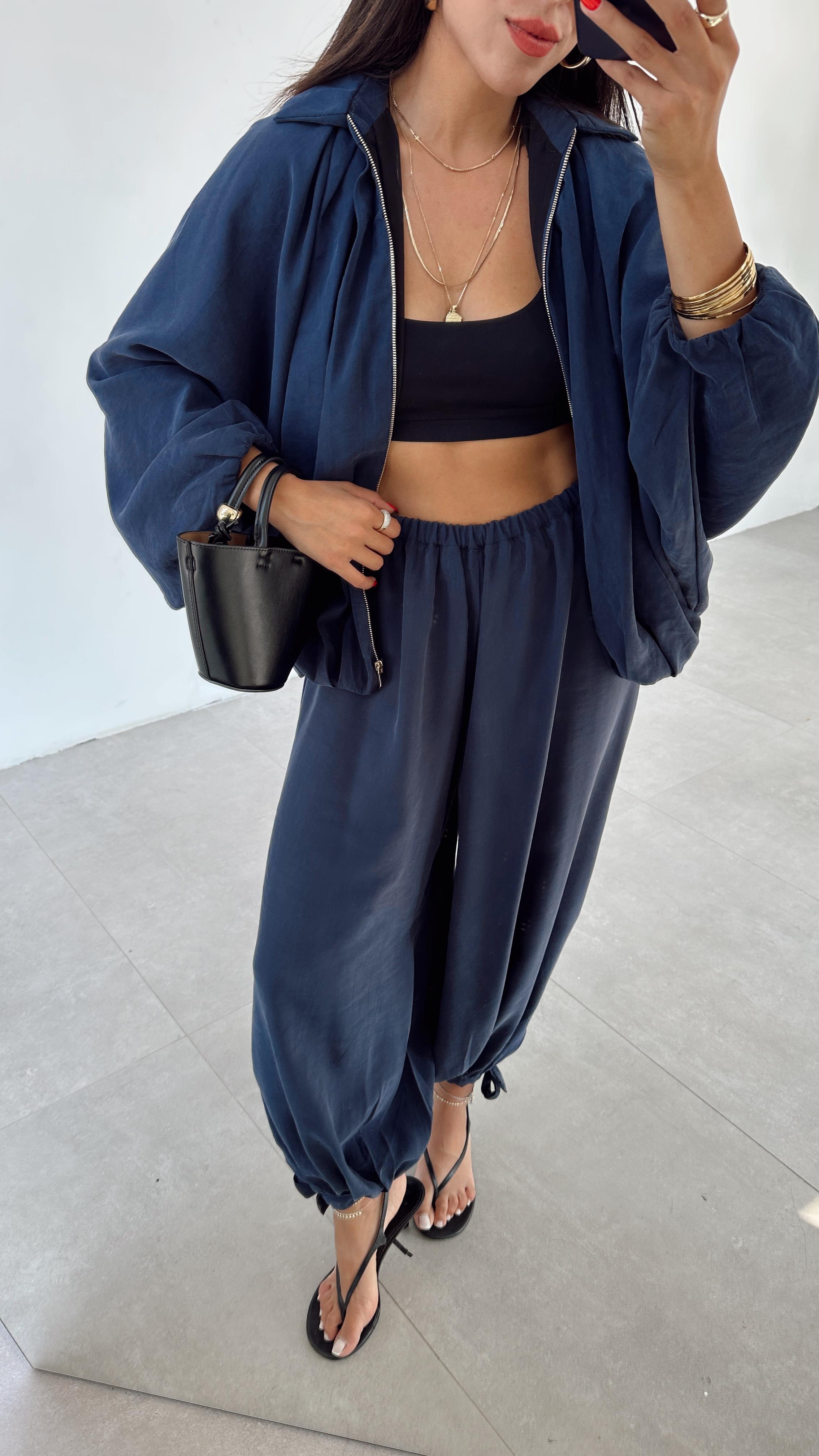 Miya Lacivert Bağcıklı Paça Şalvar