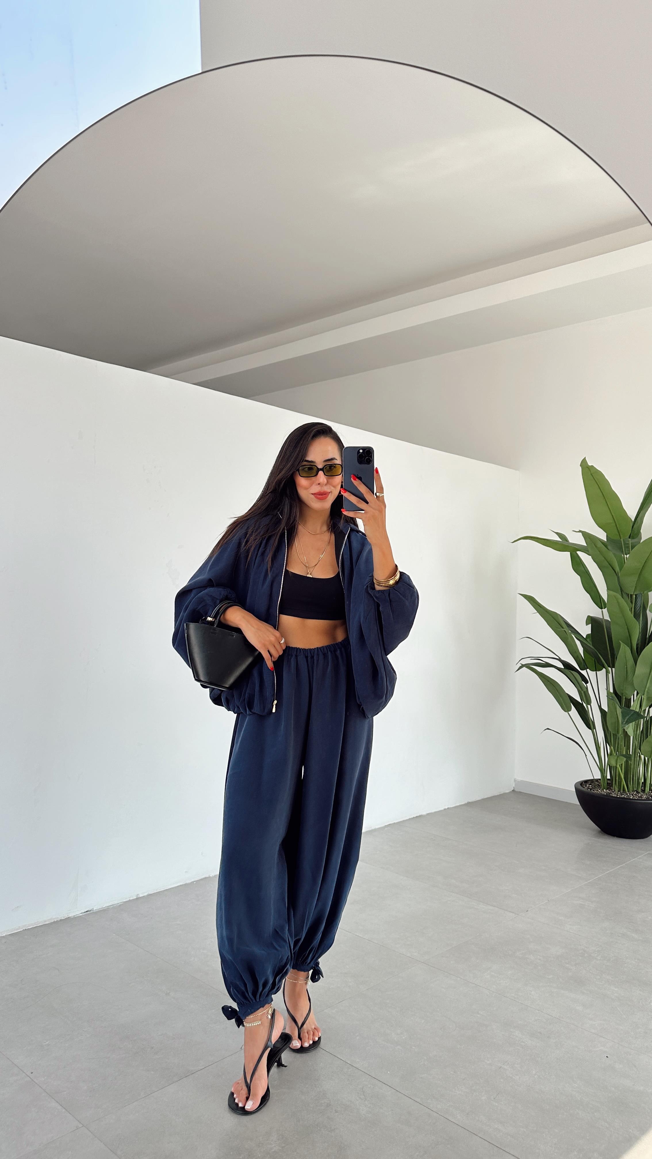 Miya Lacivert Bağcıklı Paça Şalvar