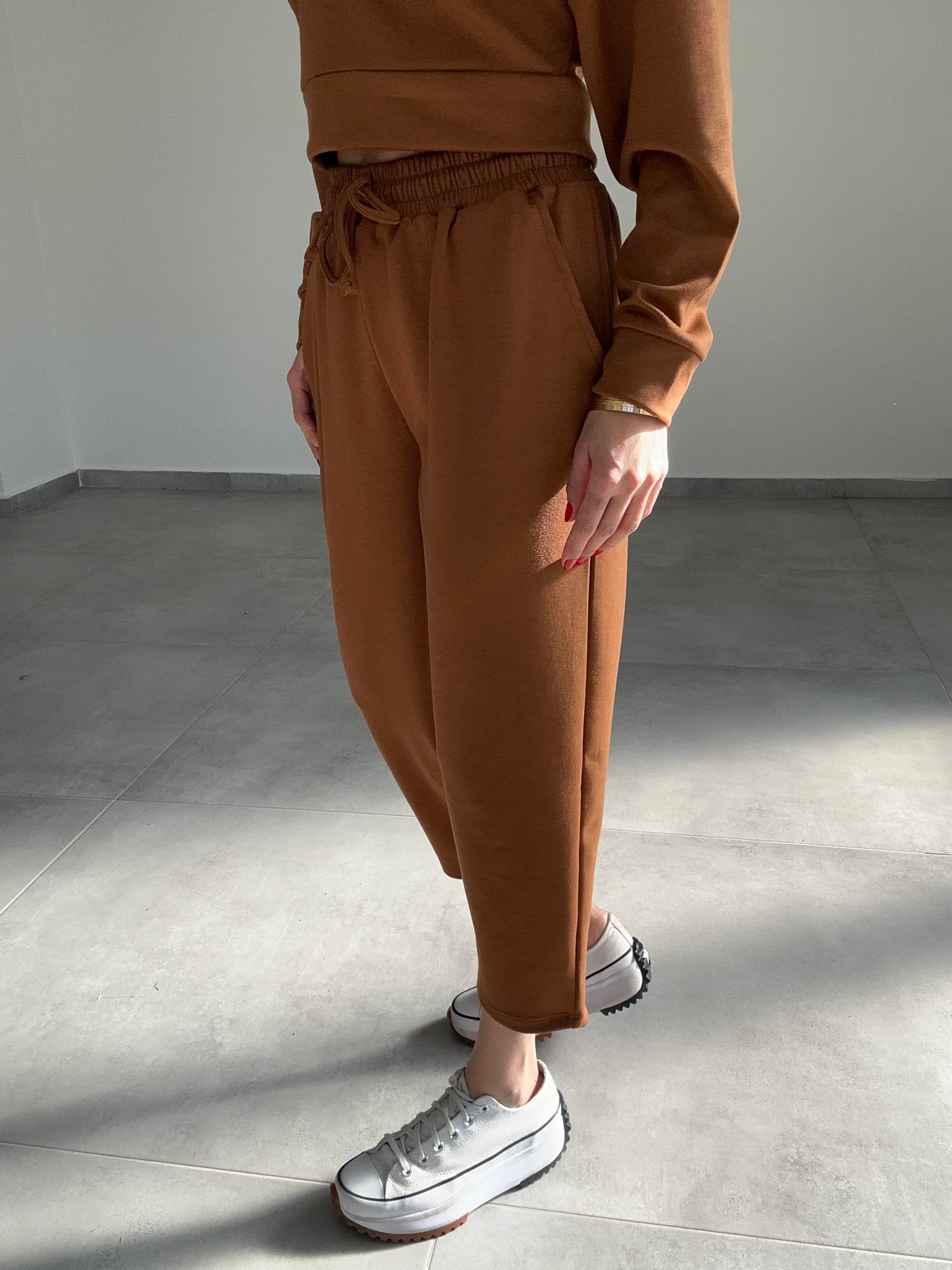Modal Esnek Kumaş Crop Takım-Kahve