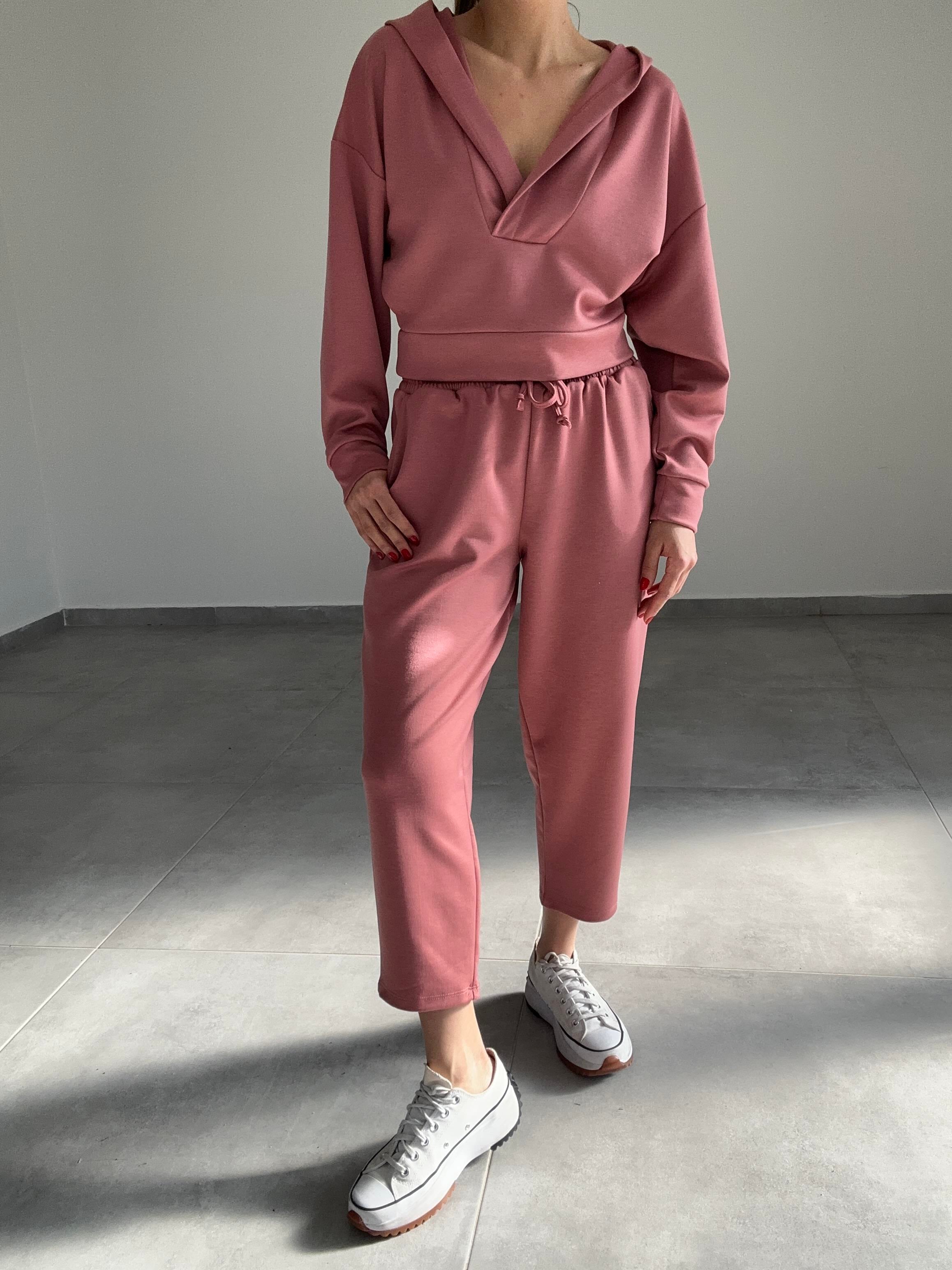 Modal Esnek Kumaş Crop Takım-Pudra