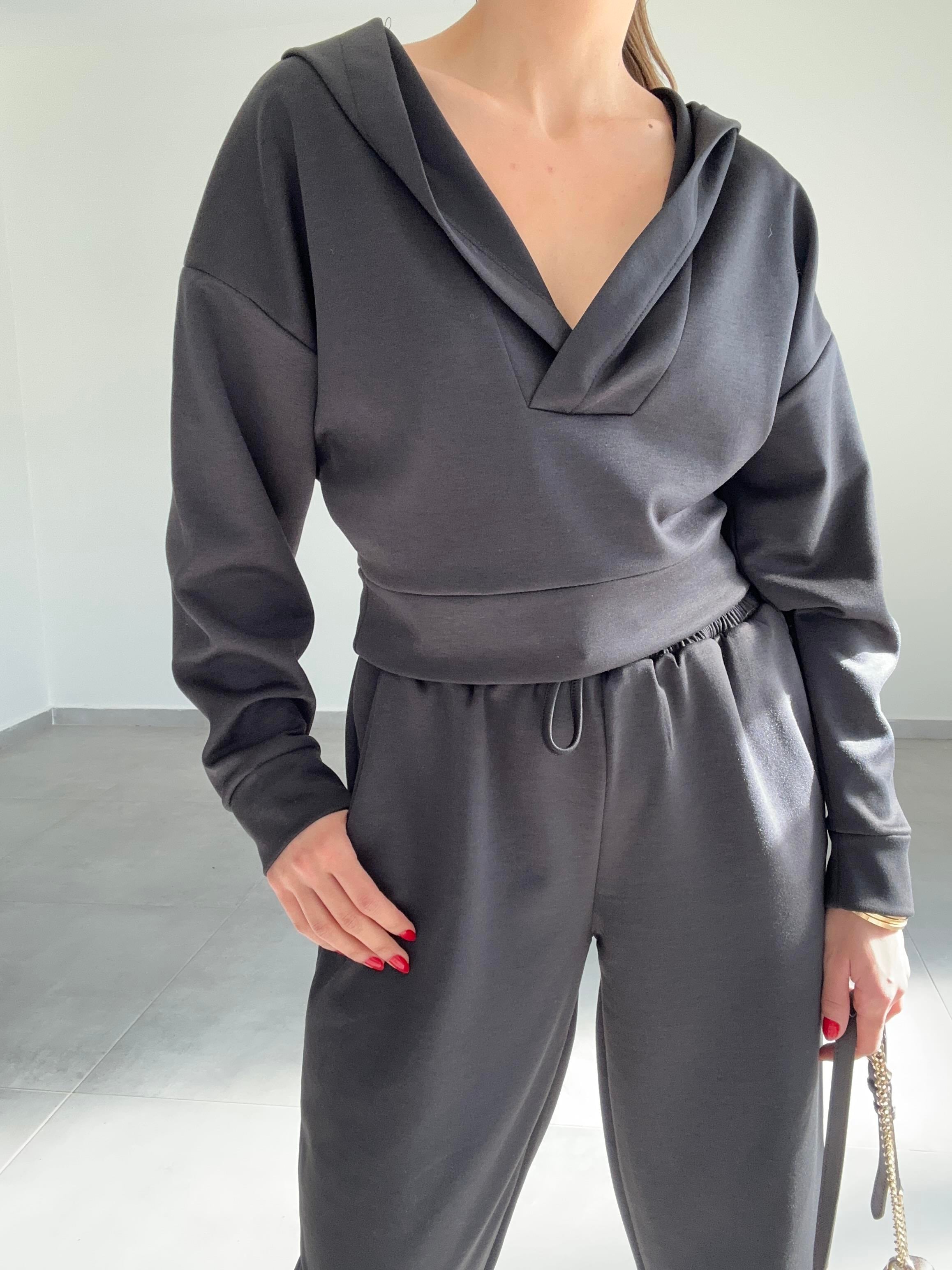 Modal Esnek Kumaş Crop Takım-Siyah