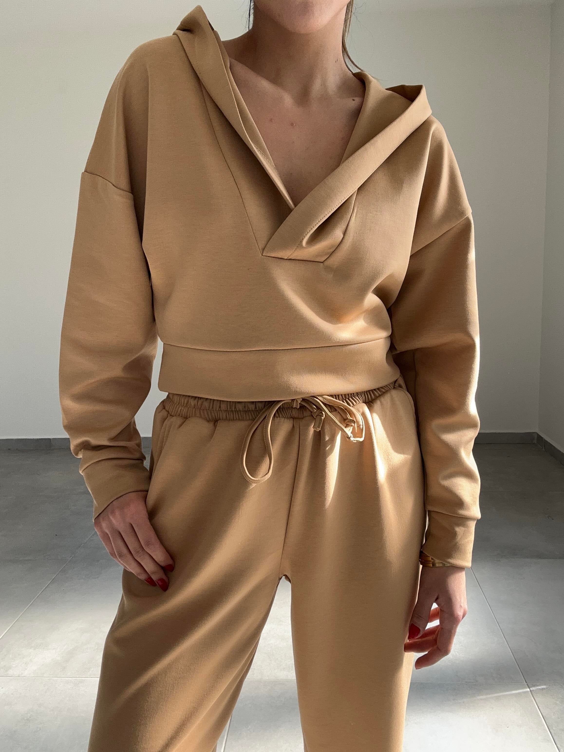 Modal Esnek Kumaş Crop Takım-Vizon
