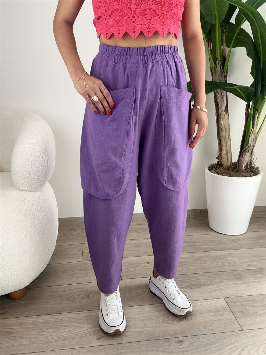 Mor Büyük Cepli Salaş Pantolon