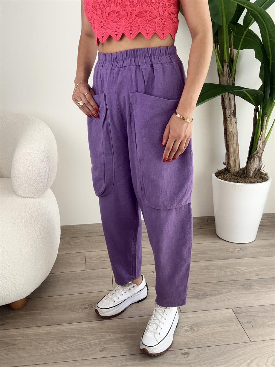 Mor Büyük Cepli Salaş Pantolon