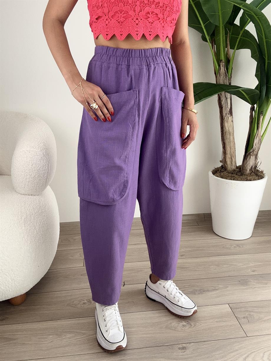 Mor Büyük Cepli Salaş Pantolon