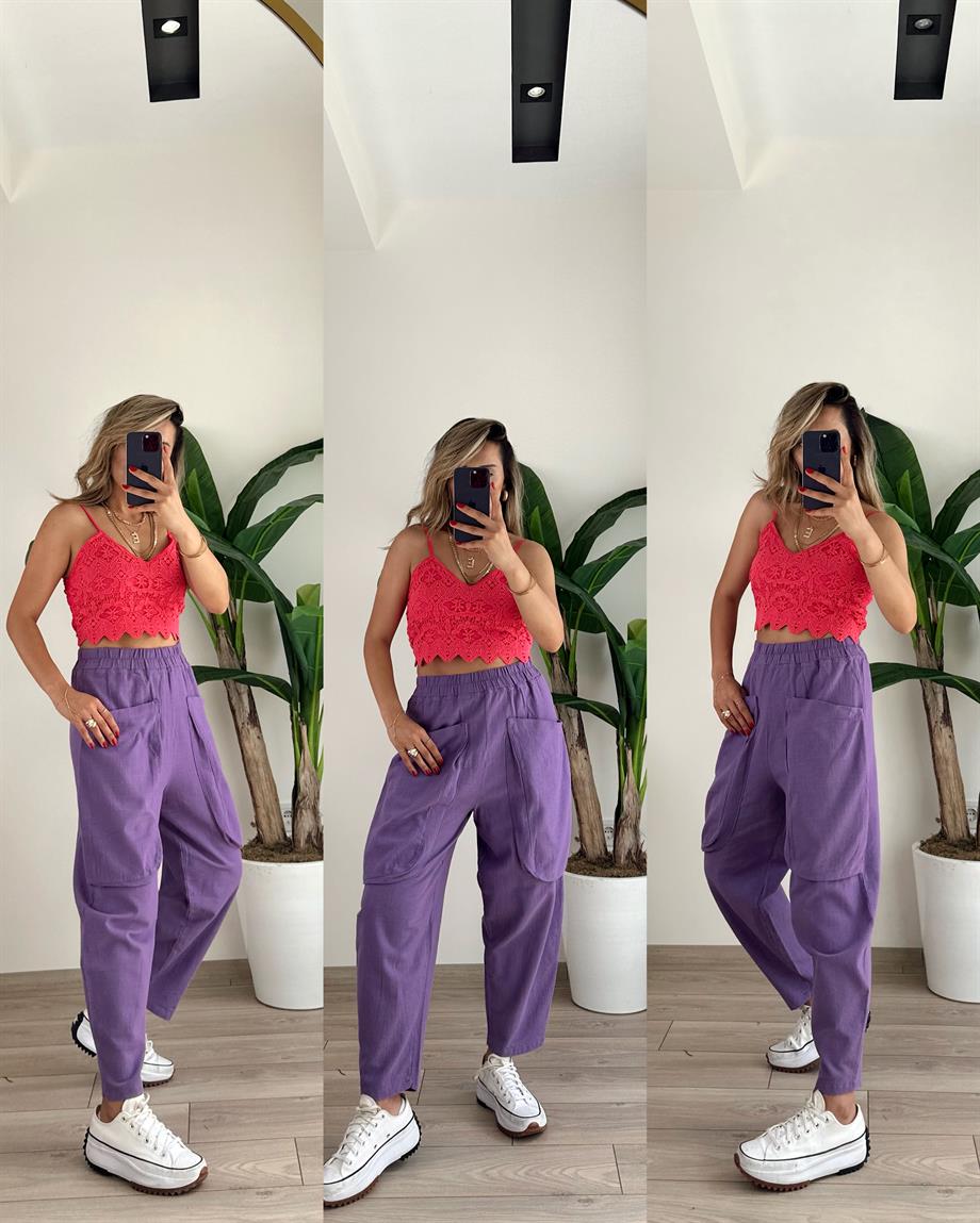 Mor Büyük Cepli Salaş Pantolon