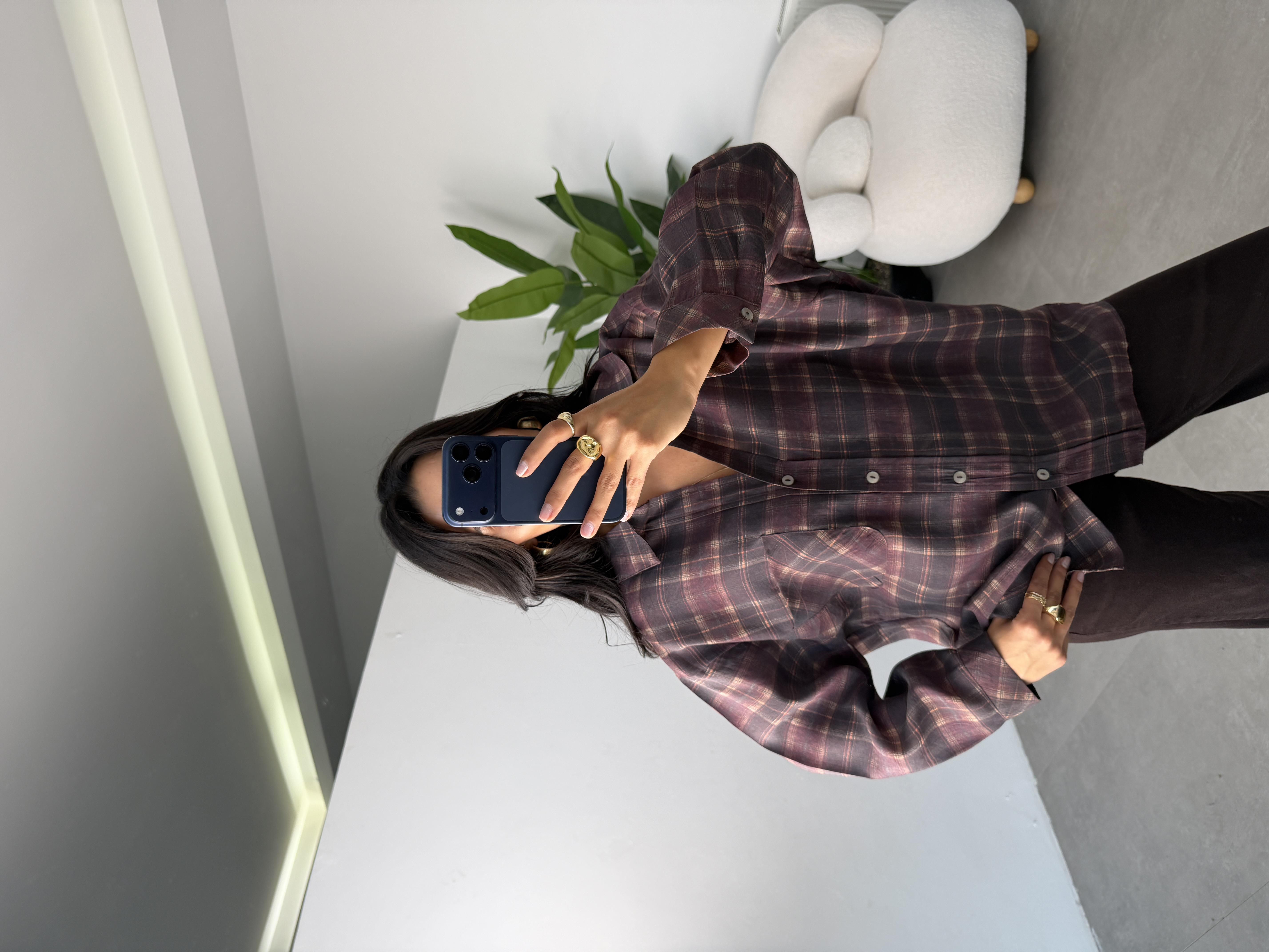 Mürdüm Baskılı Oversize Gömlek