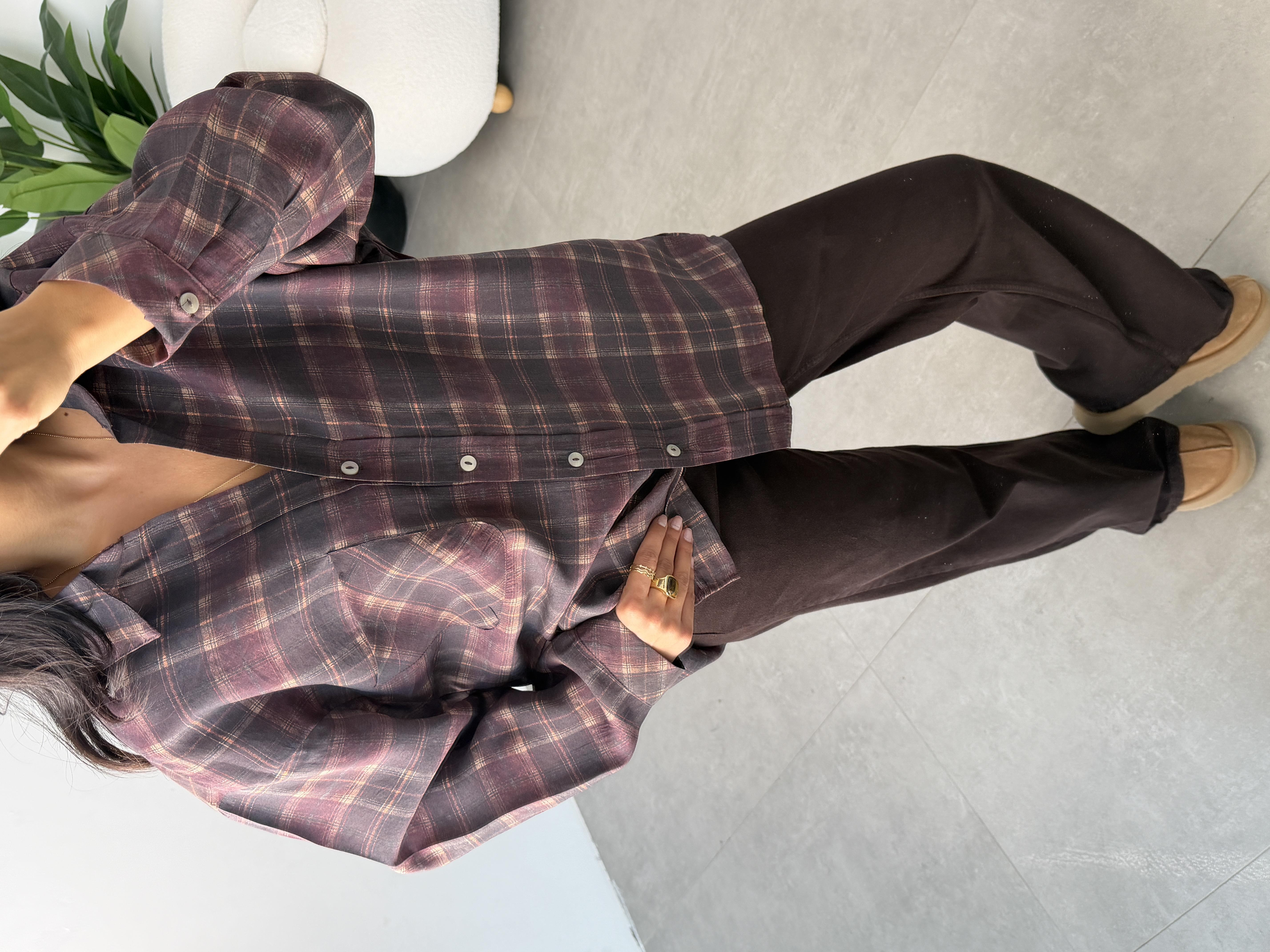 Mürdüm Baskılı Oversize Gömlek