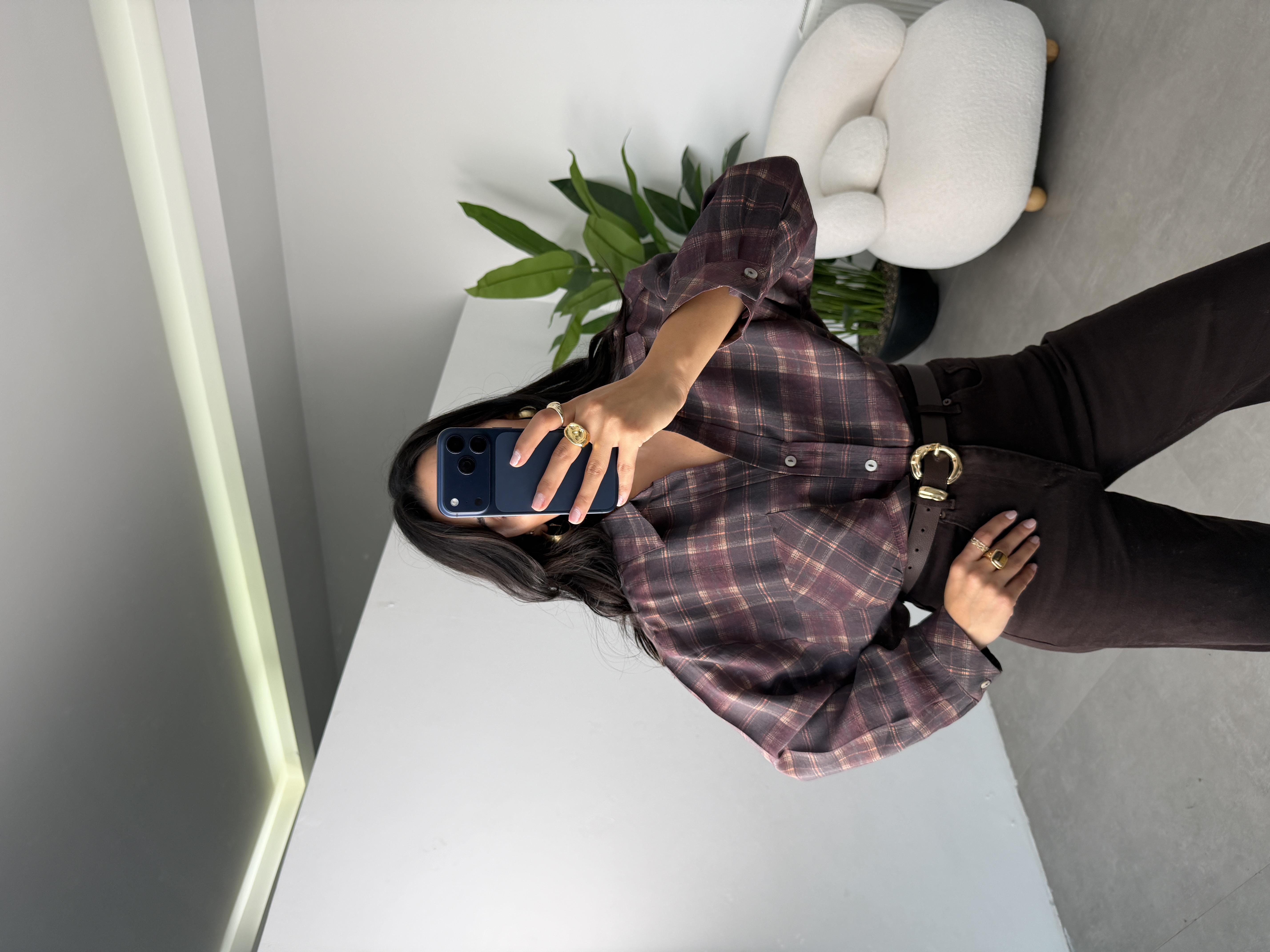 Mürdüm Baskılı Oversize Gömlek