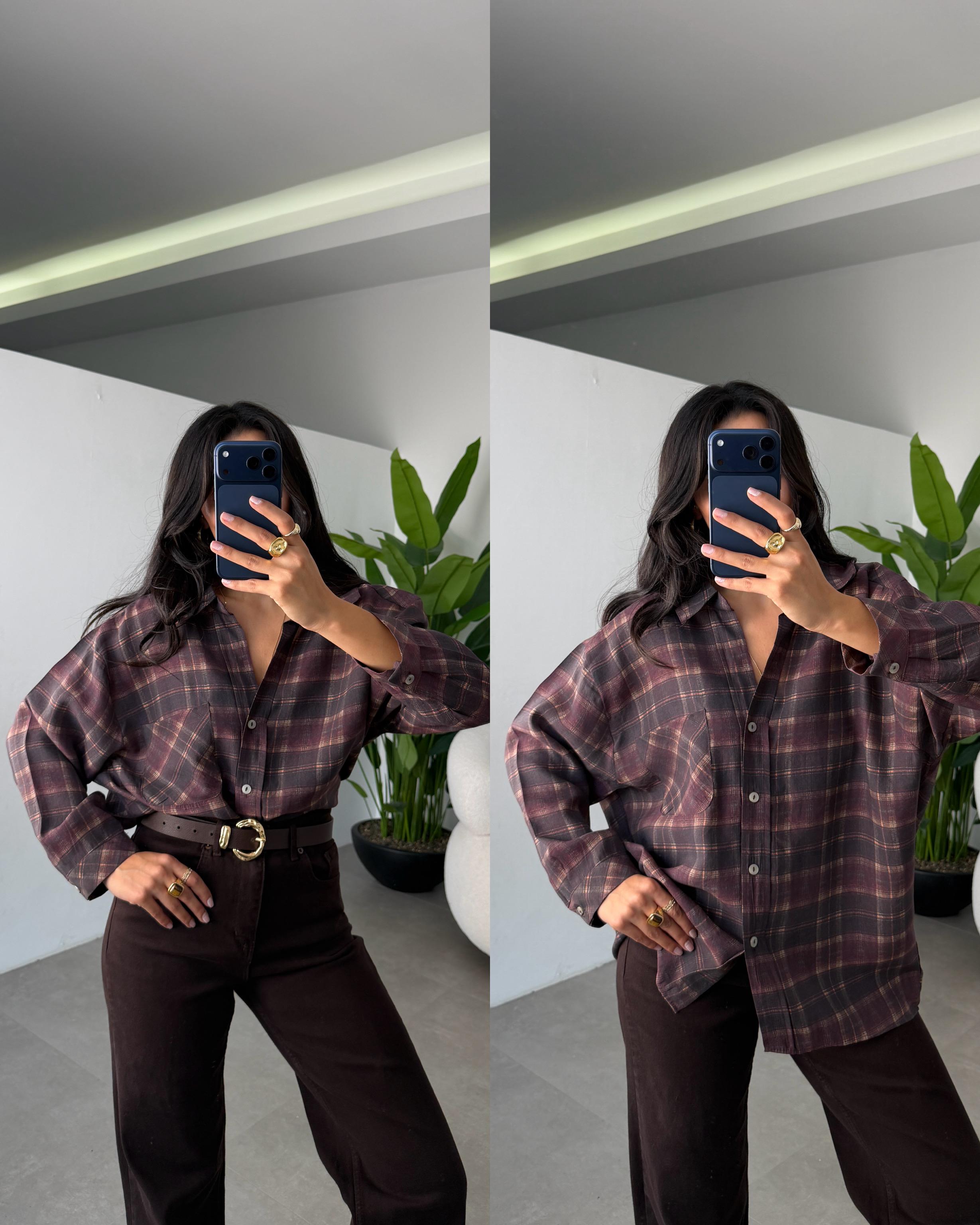 Mürdüm Baskılı Oversize Gömlek