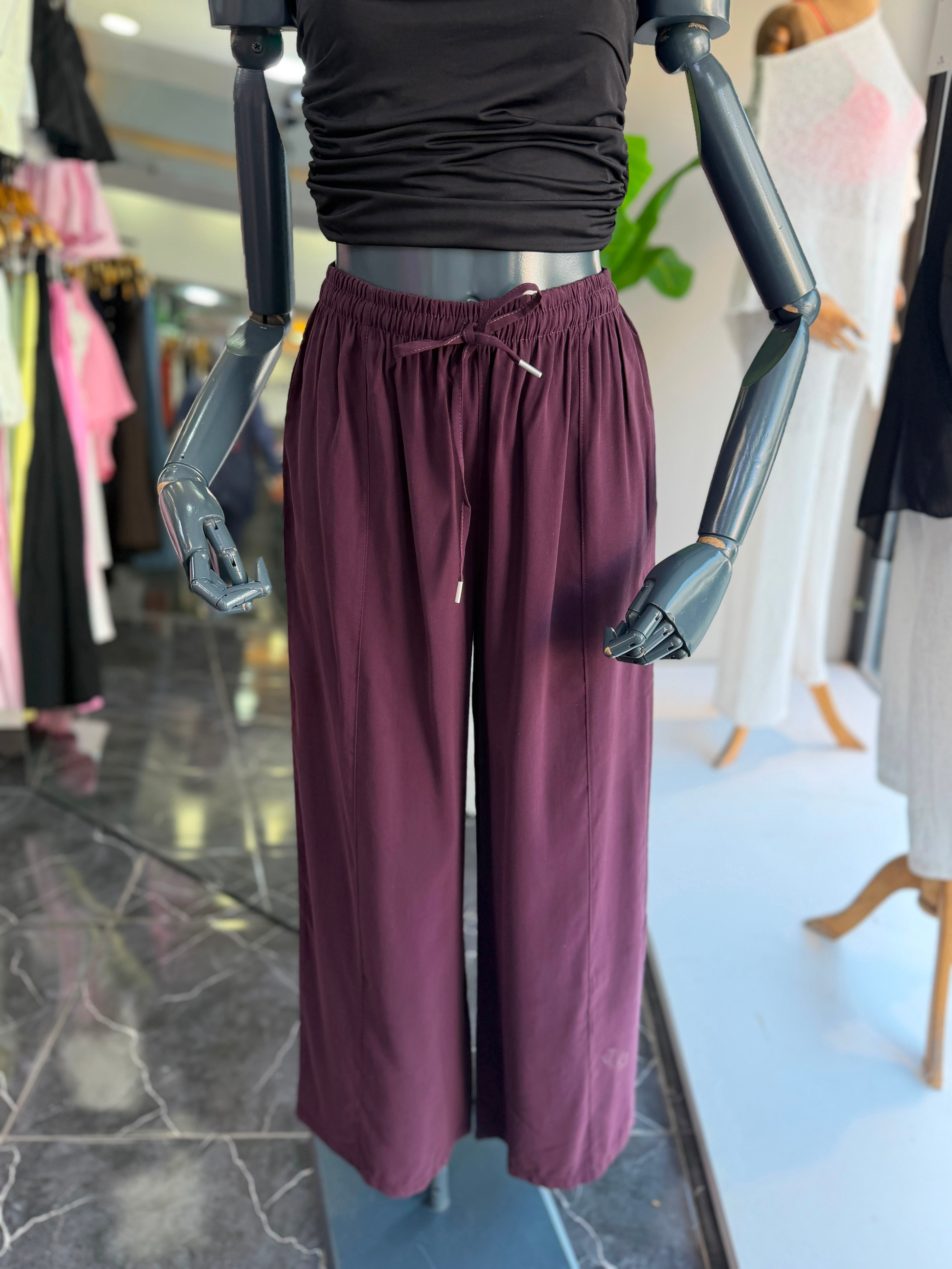 Mürdüm Beli Lastikli Tencel Pantolon