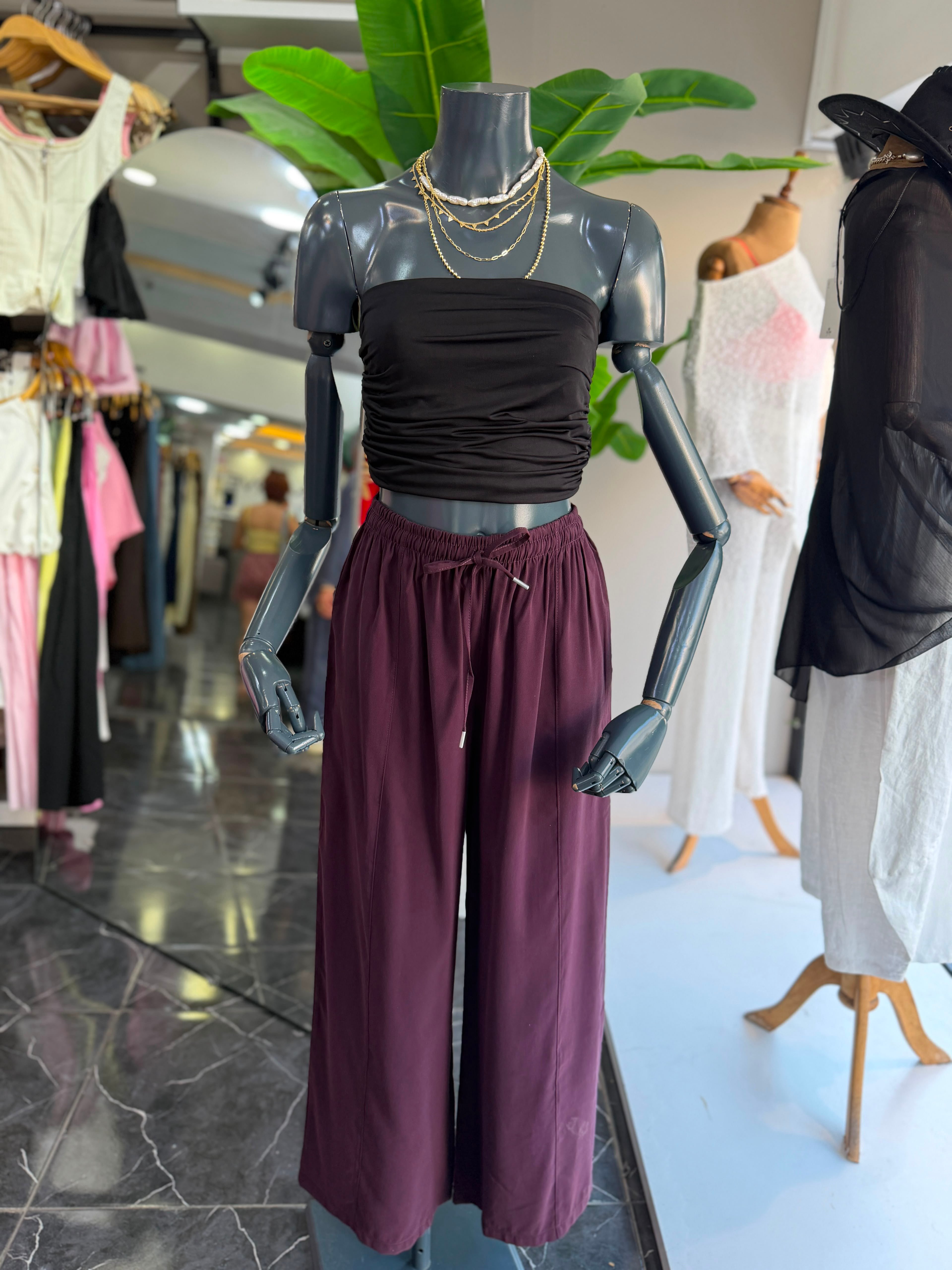 Mürdüm Beli Lastikli Tencel Pantolon
