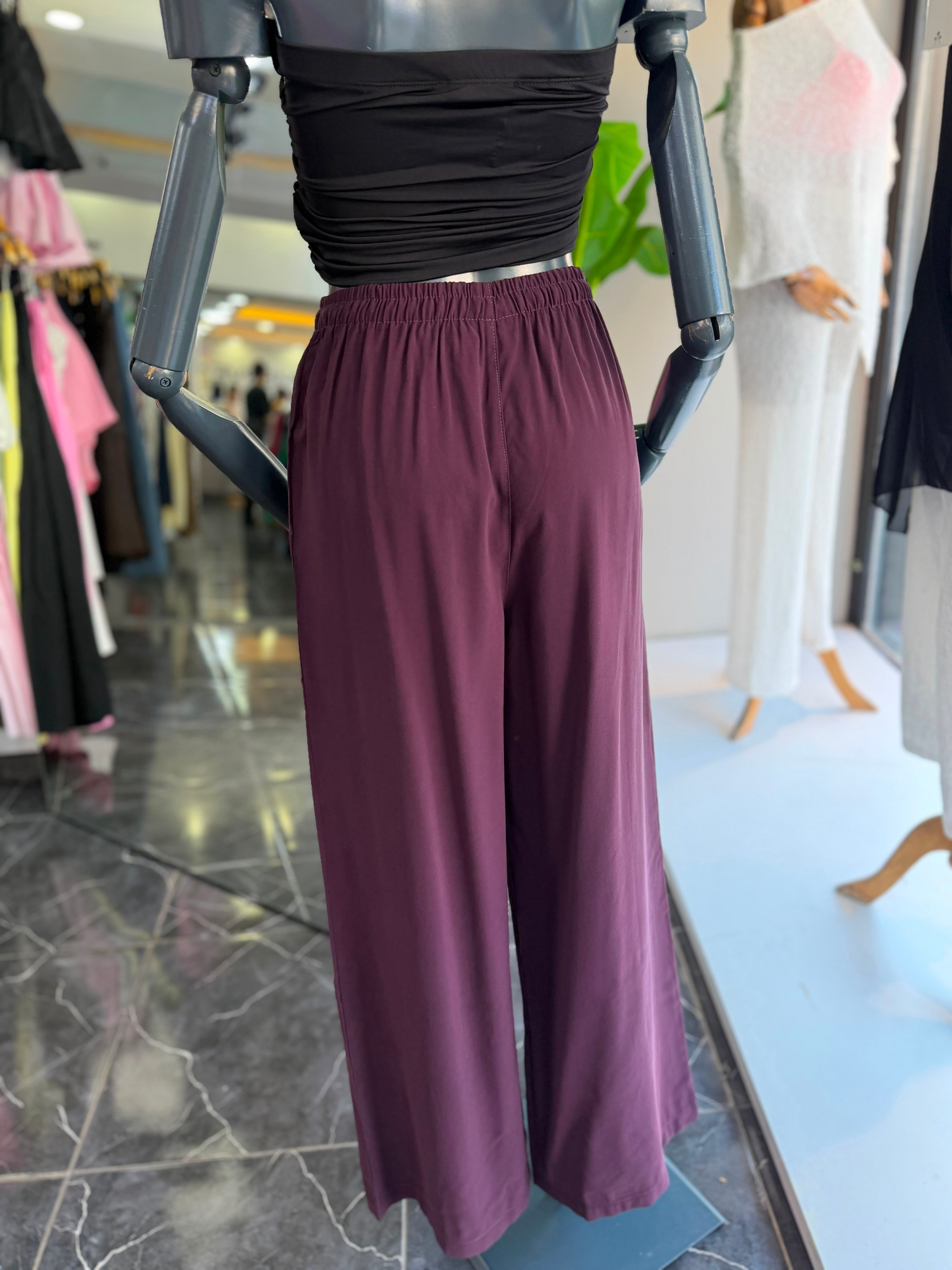 Mürdüm Beli Lastikli Tencel Pantolon