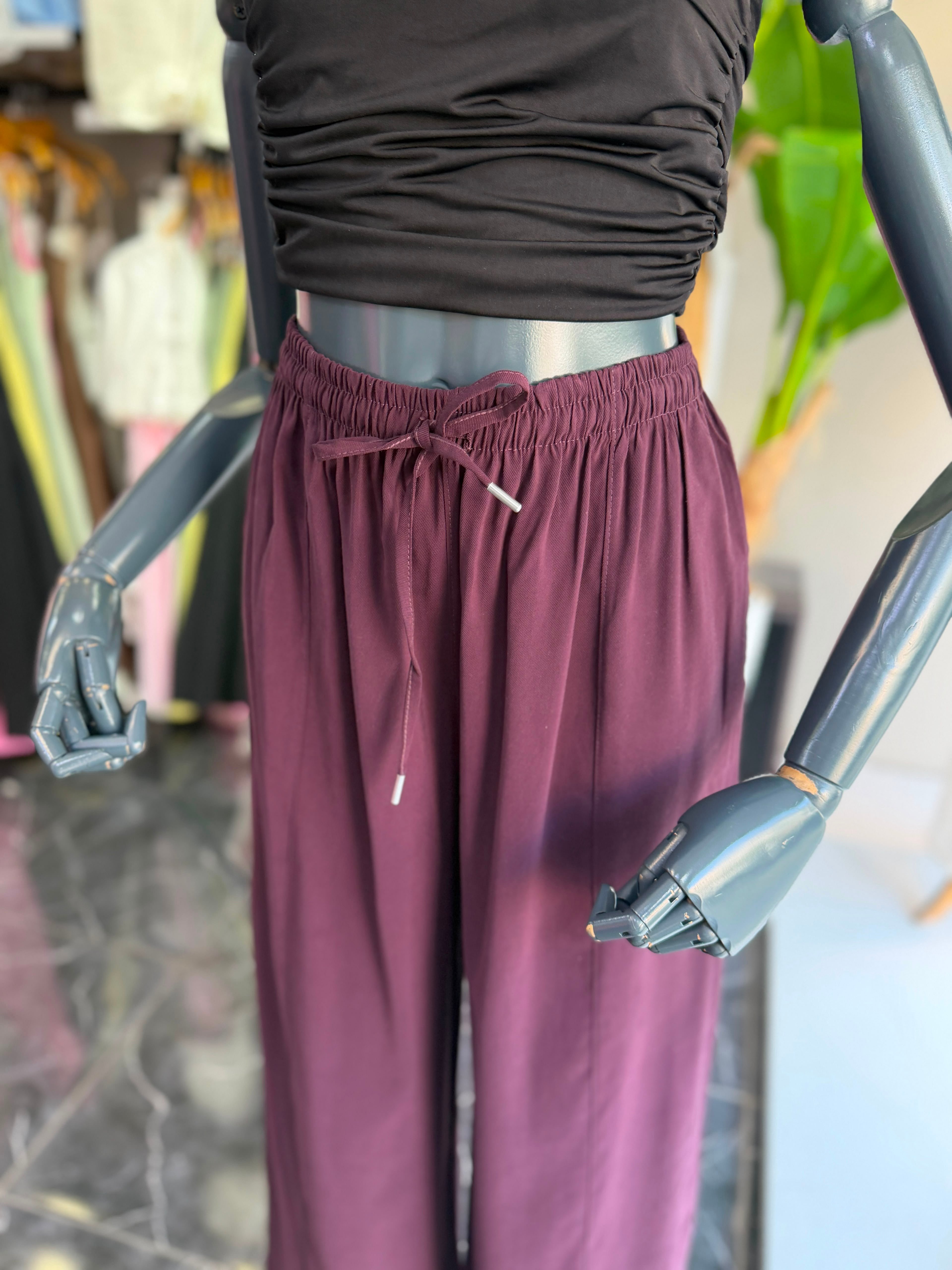 Mürdüm Beli Lastikli Tencel Pantolon