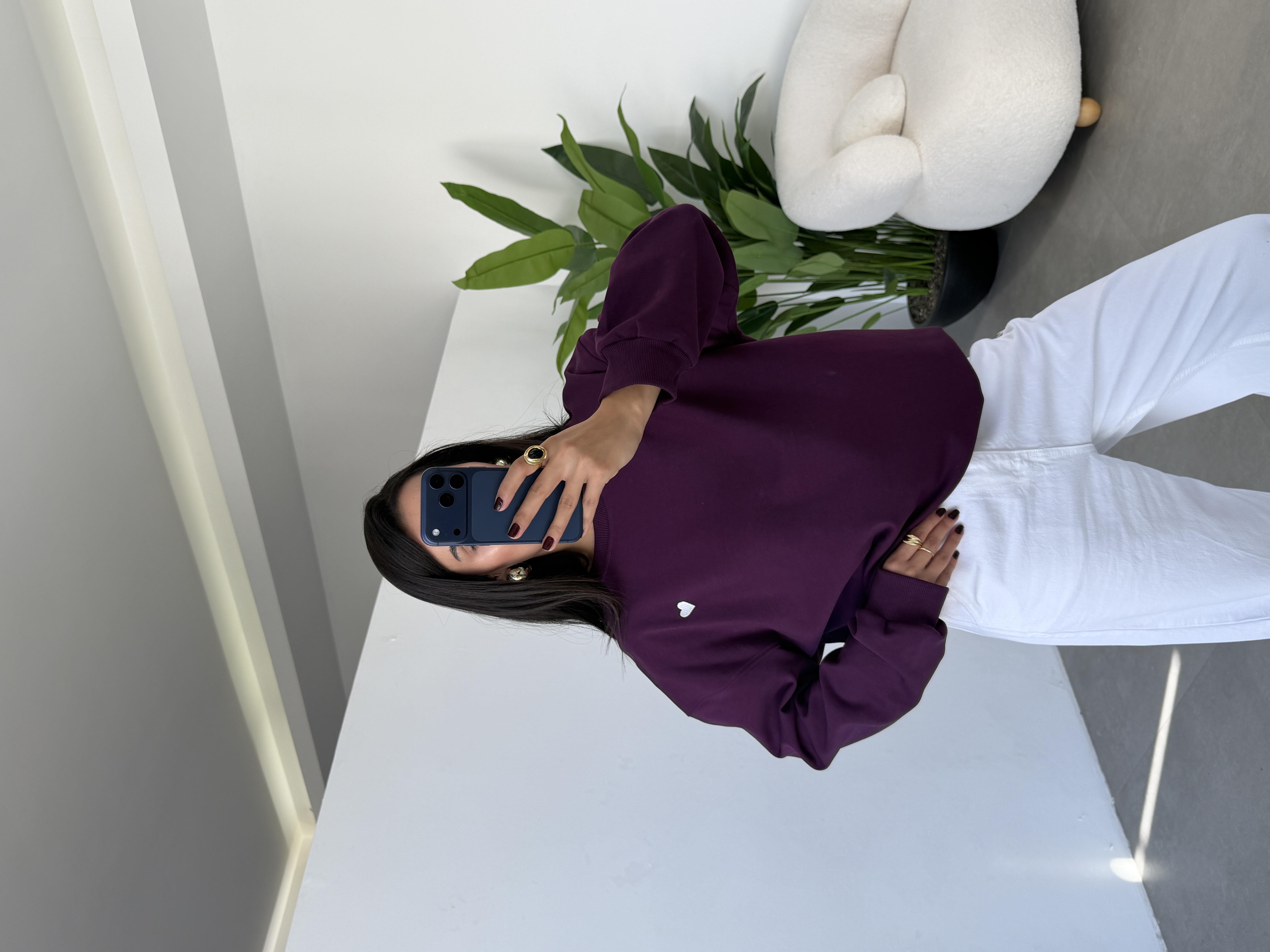 Mürdüm Kalp Nakışlı Sweatshirt