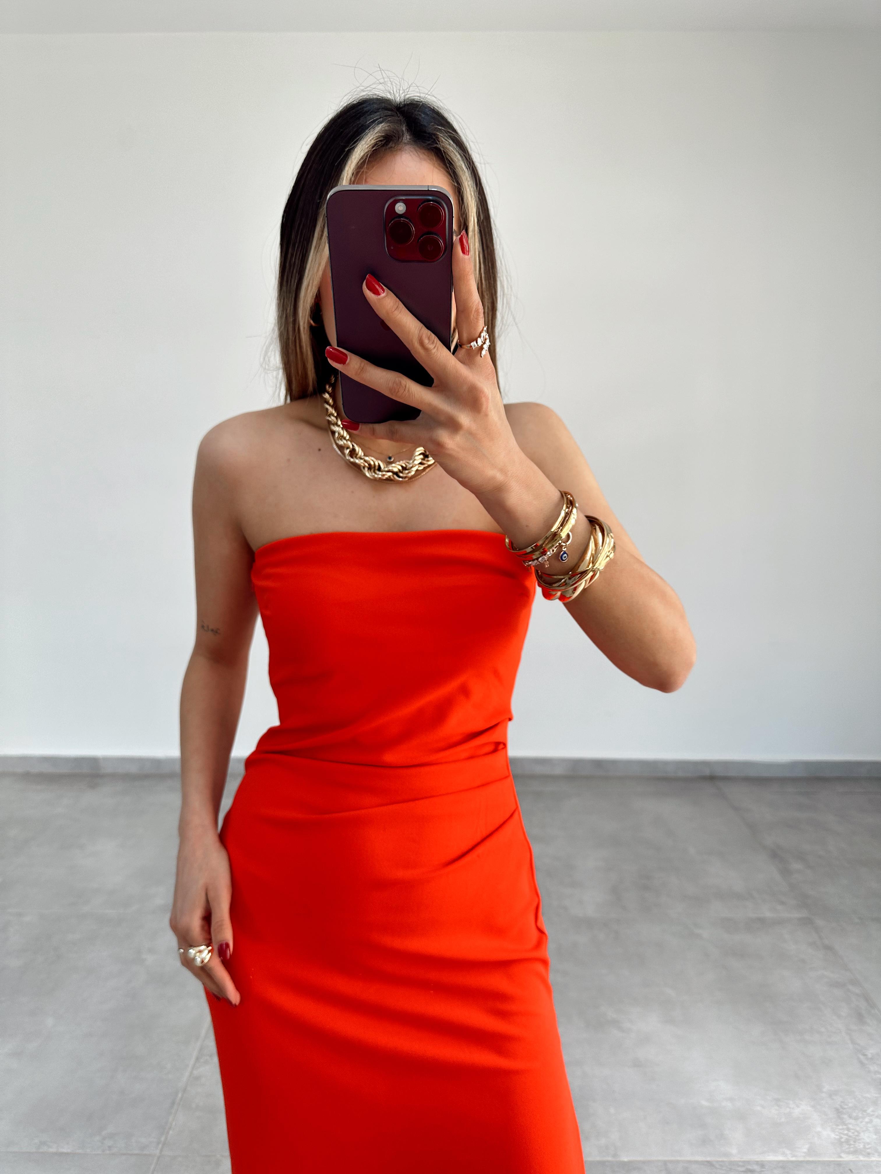 Nar Çiçeği Straplez Midi Boy Elbise