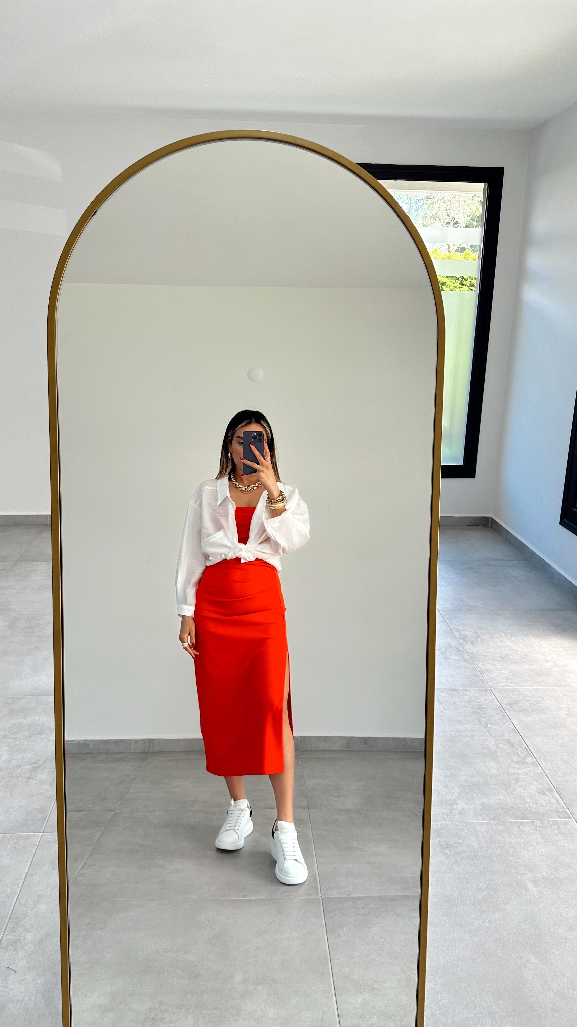 Nar Çiçeği Straplez Midi Boy Elbise