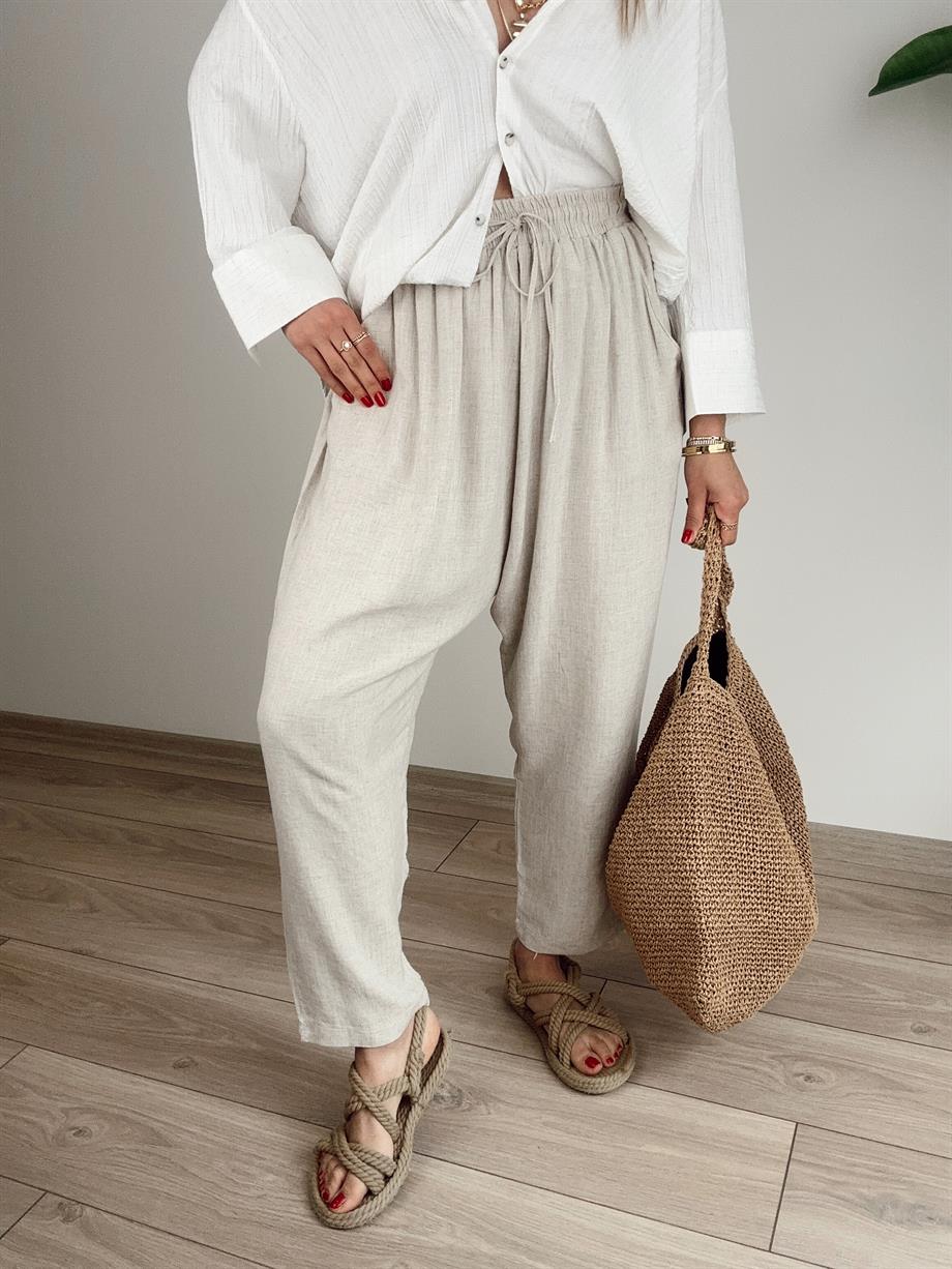 Naturel Beli Lastikli Keten Pantolon