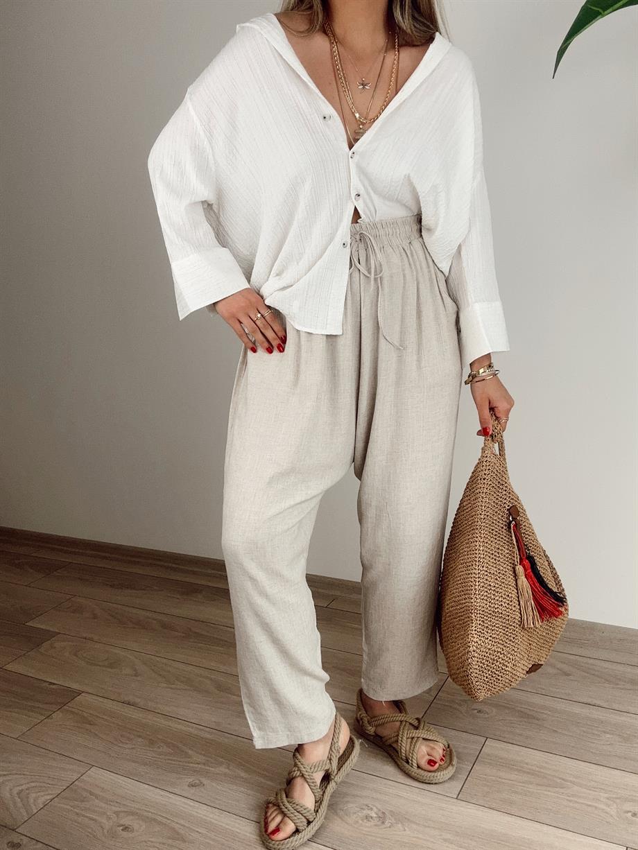 Naturel Beli Lastikli Keten Pantolon
