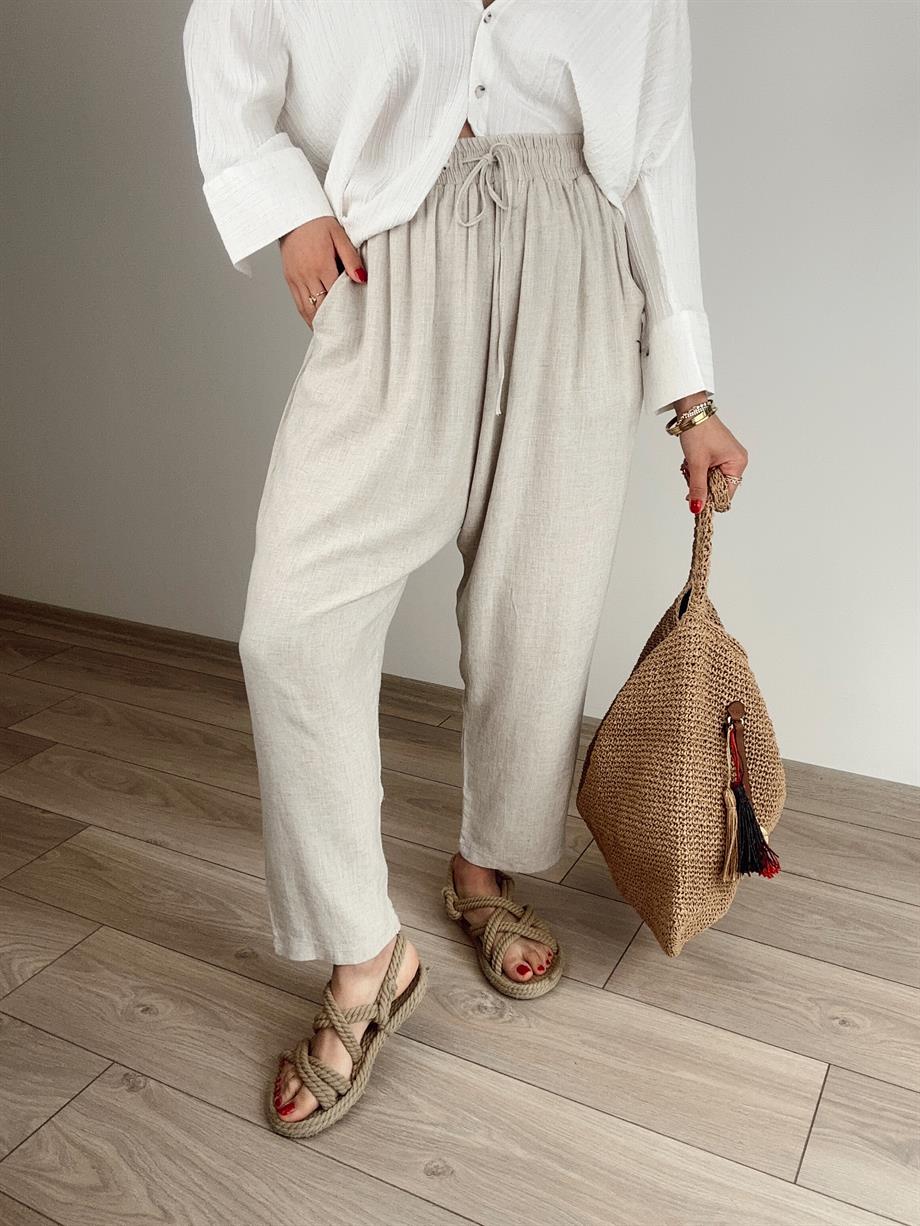 Naturel Beli Lastikli Keten Pantolon