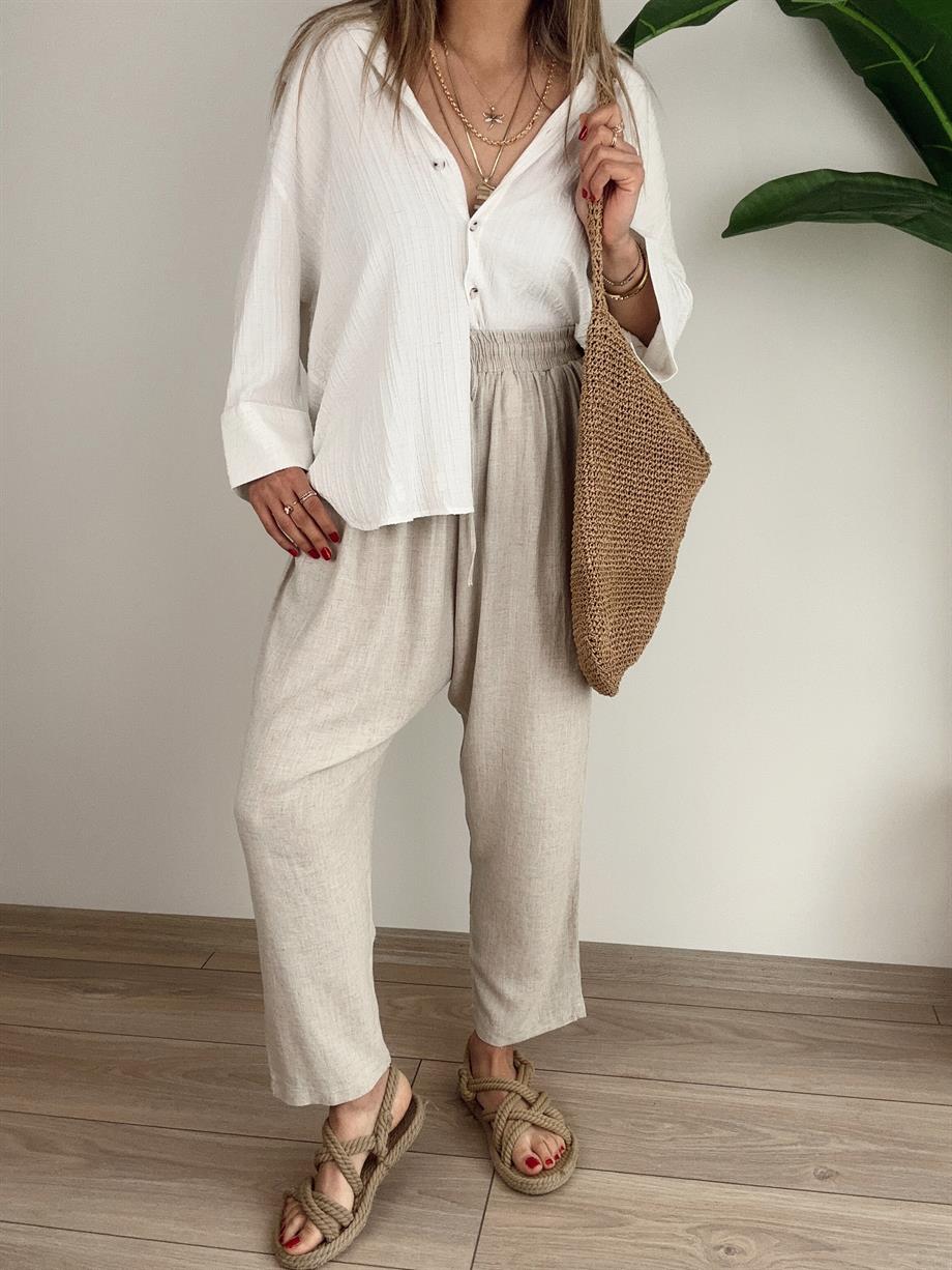 Naturel Beli Lastikli Keten Pantolon