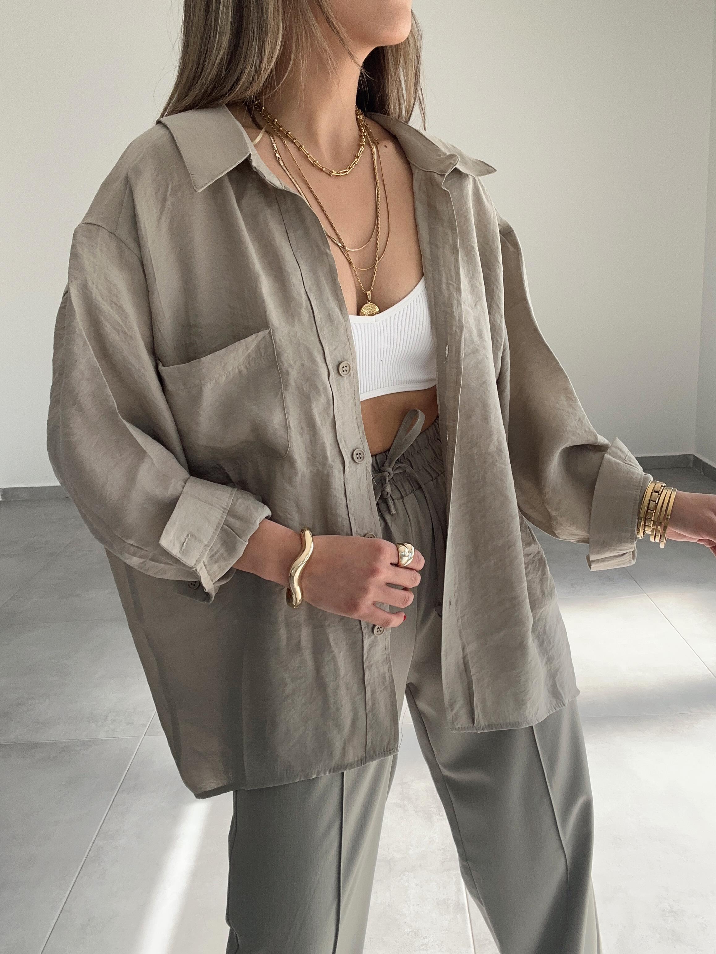 Olive Omzu Düşük Oversize Gömlek