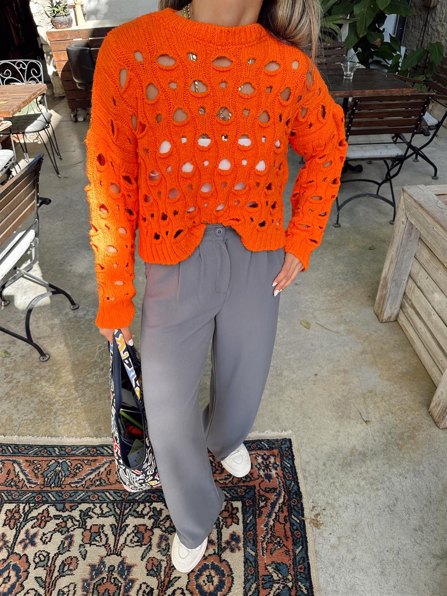 Oranj Delikli Bisiklet Yaka Triko Kazak