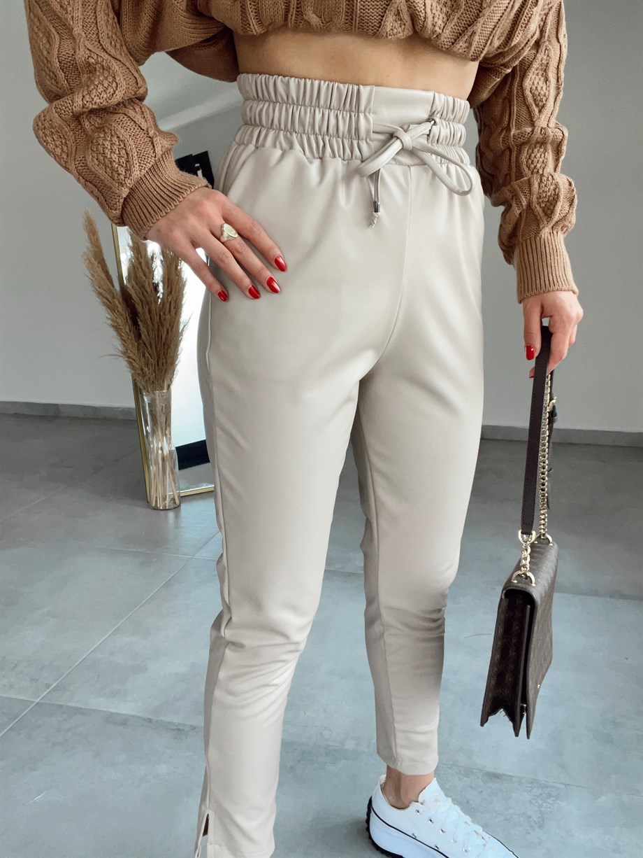 Özel Üretim Beli Lastikli Taş Deri Pantolon