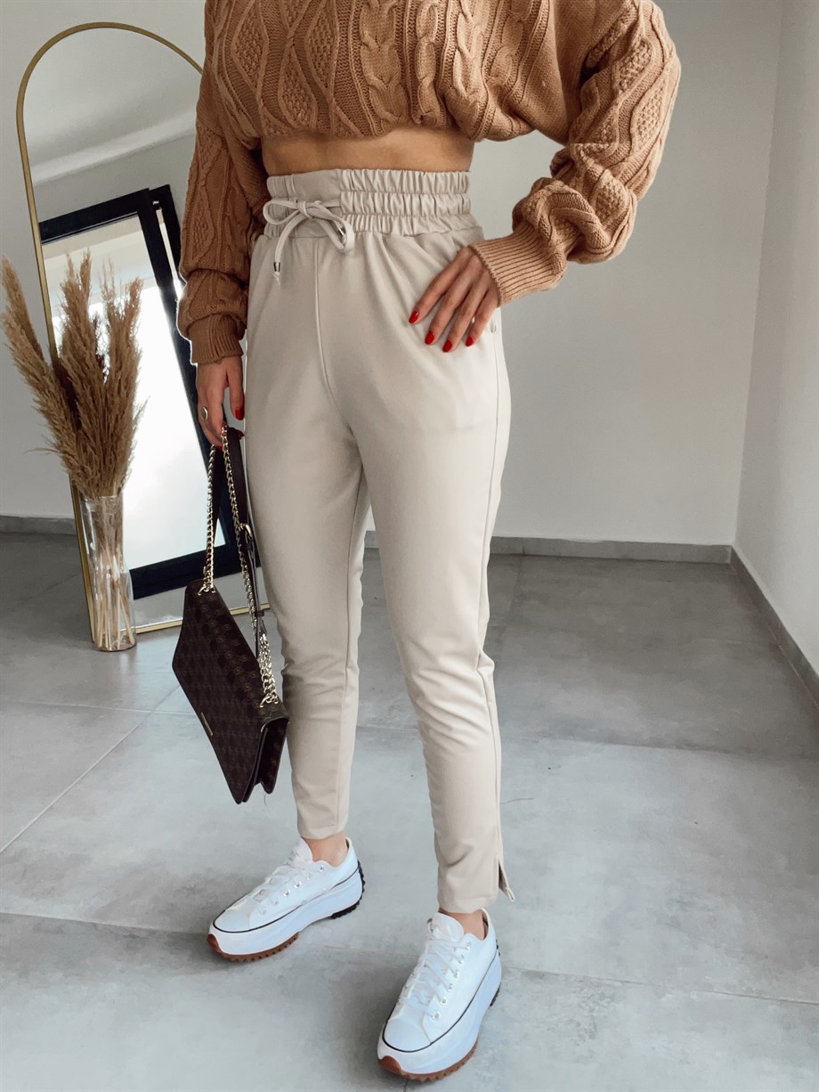 Özel Üretim Beli Lastikli Taş Deri Pantolon