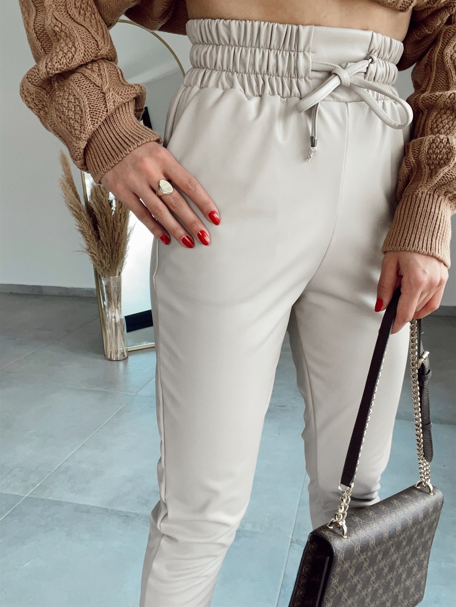 Özel Üretim Beli Lastikli Taş Deri Pantolon