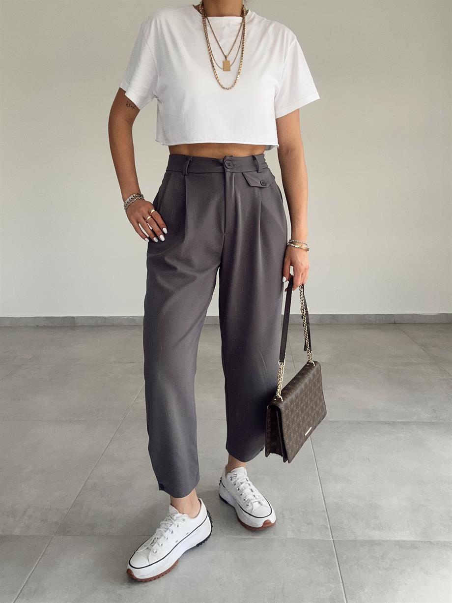 Özel Üretim Beli Ve Paçası Düğmeli Antrasit Pantolon