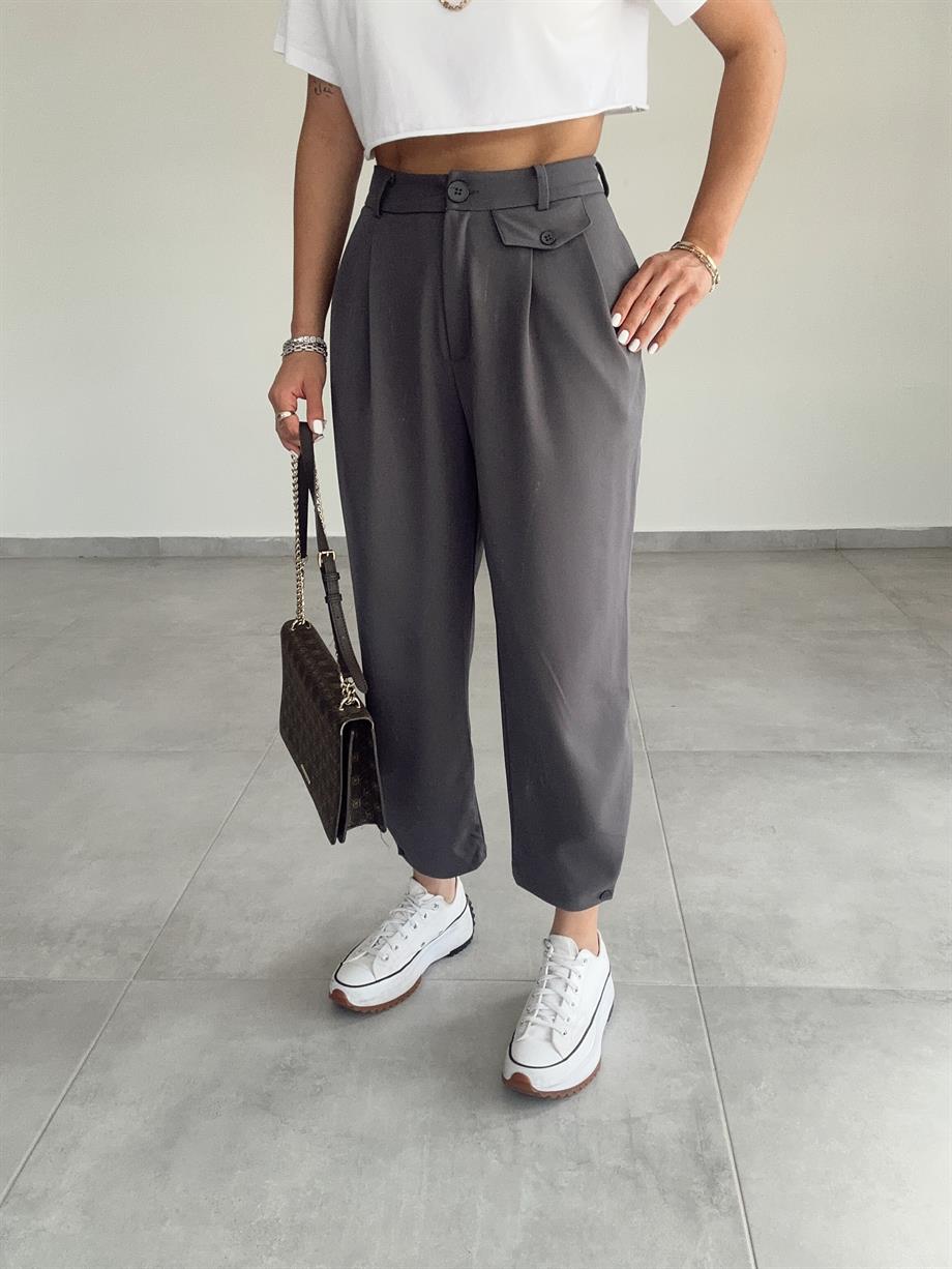 Özel Üretim Beli Ve Paçası Düğmeli Antrasit Pantolon