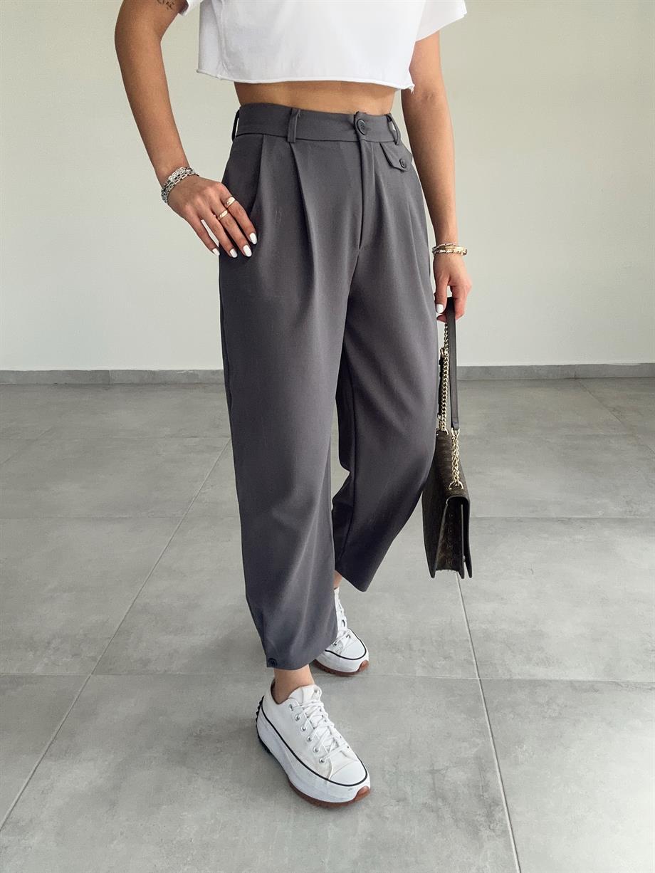 Özel Üretim Beli Ve Paçası Düğmeli Antrasit Pantolon