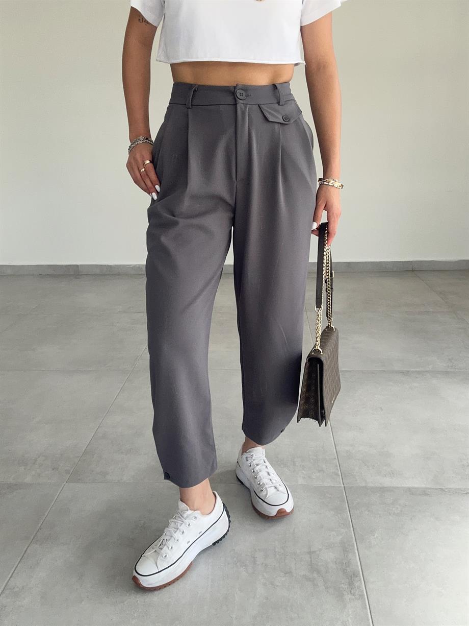 Özel Üretim Beli Ve Paçası Düğmeli Antrasit Pantolon