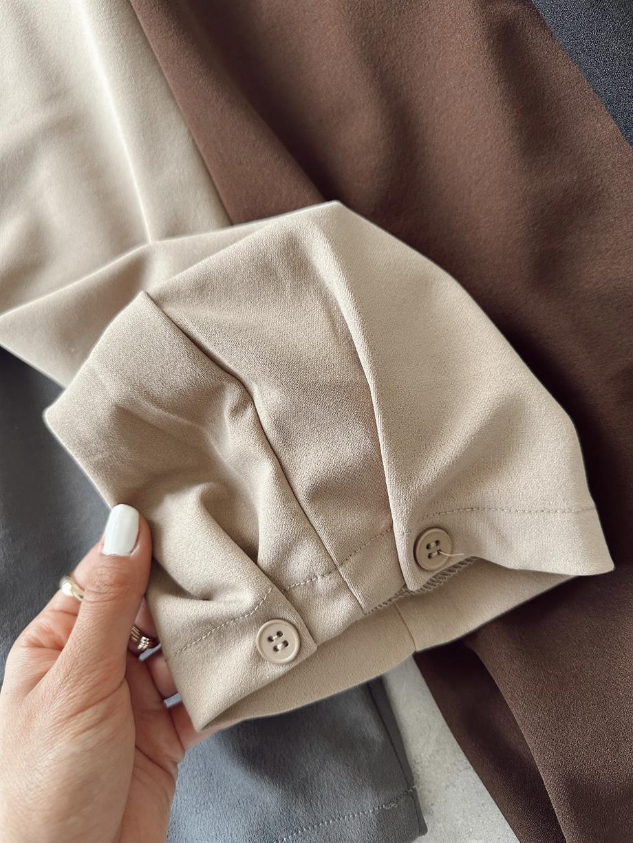 Özel Üretim Beli Ve Paçası Düğmeli Haki Pantolon