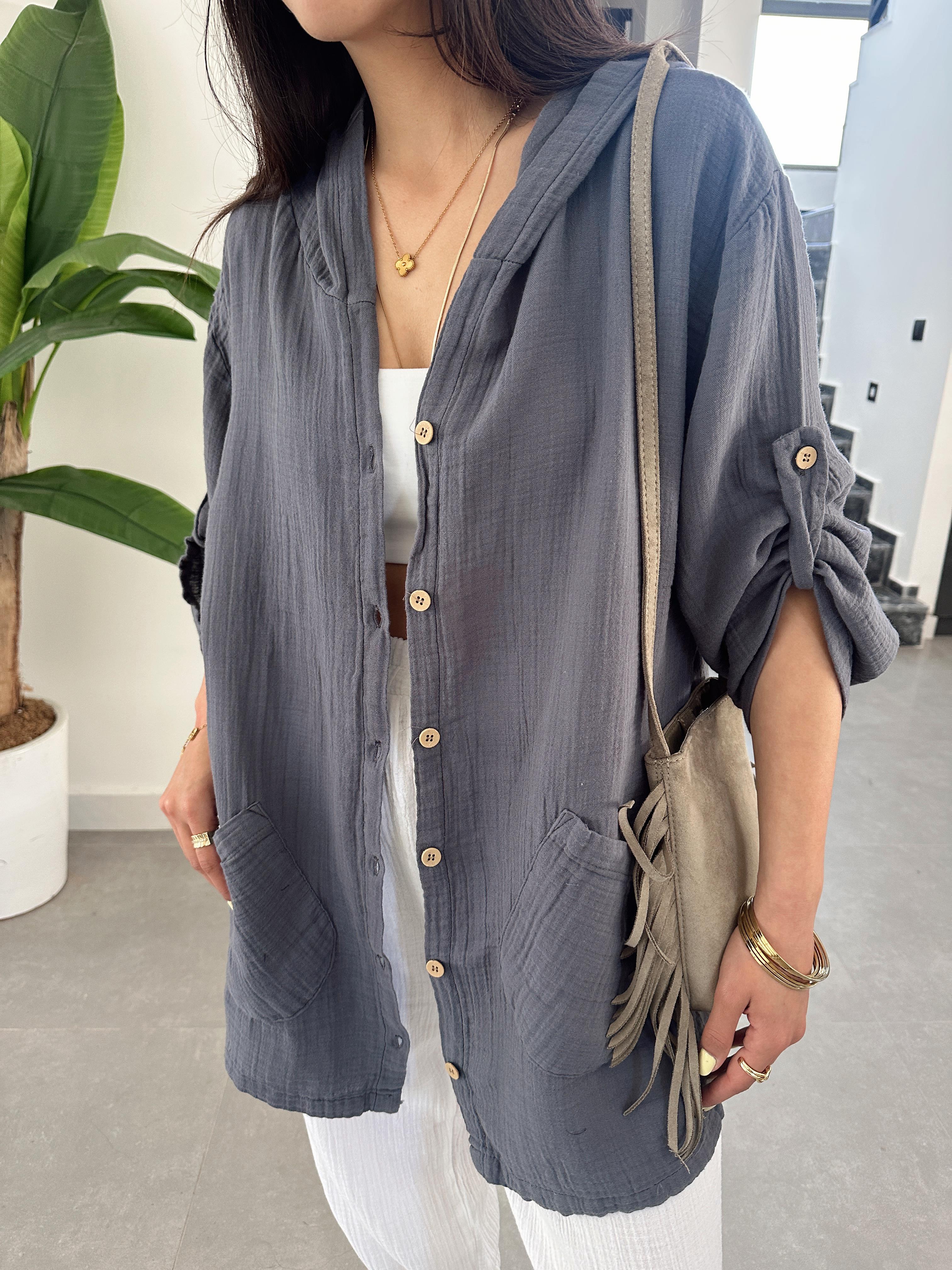 Pcs Antrasit Müslin Kapşonlu Ceket