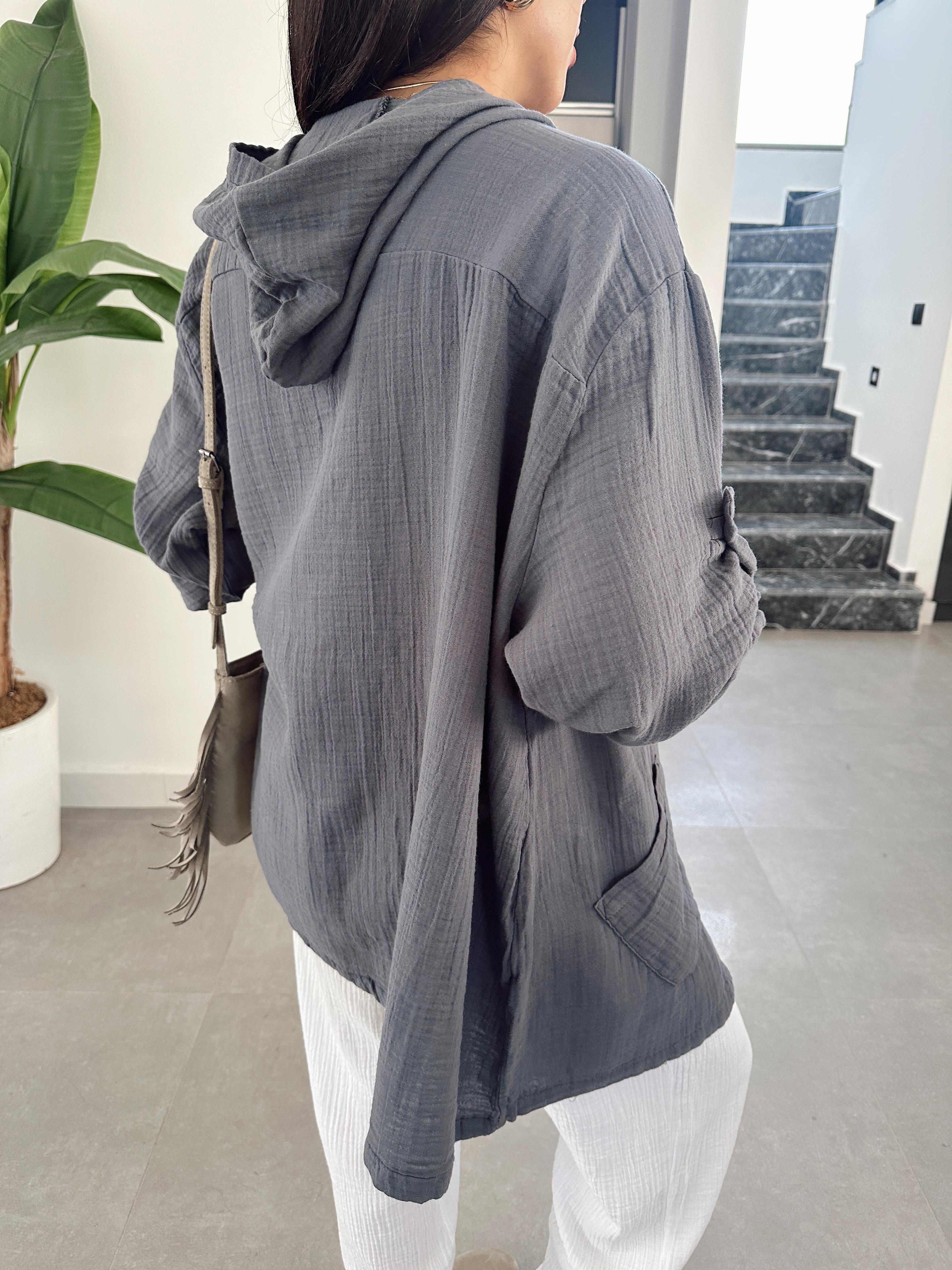 Pcs Antrasit Müslin Kapşonlu Ceket