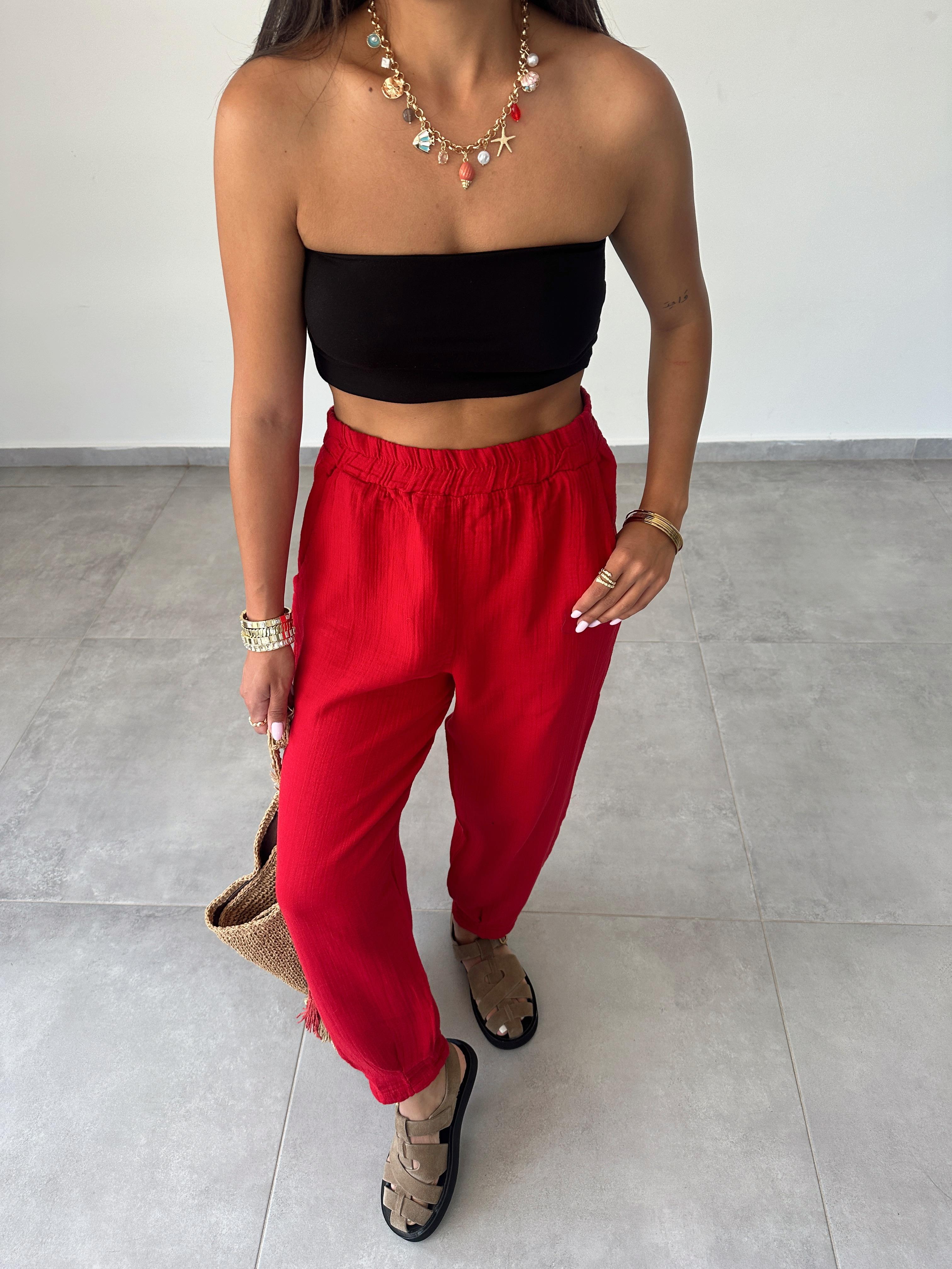 Pcs Kırmızı Paça Pileli Pantolon