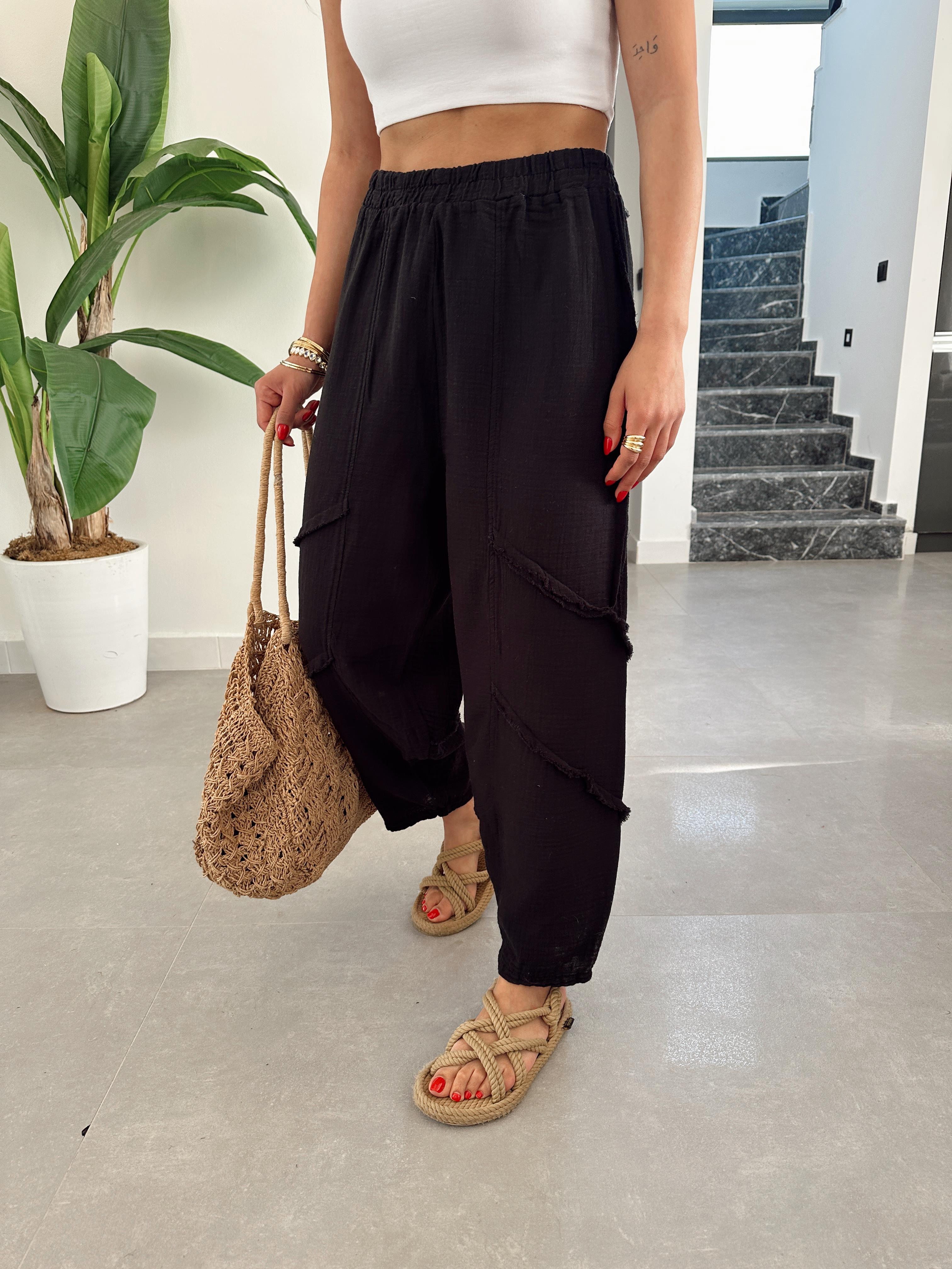 Pcs Siyah Müslin Püsküllü Pantolon