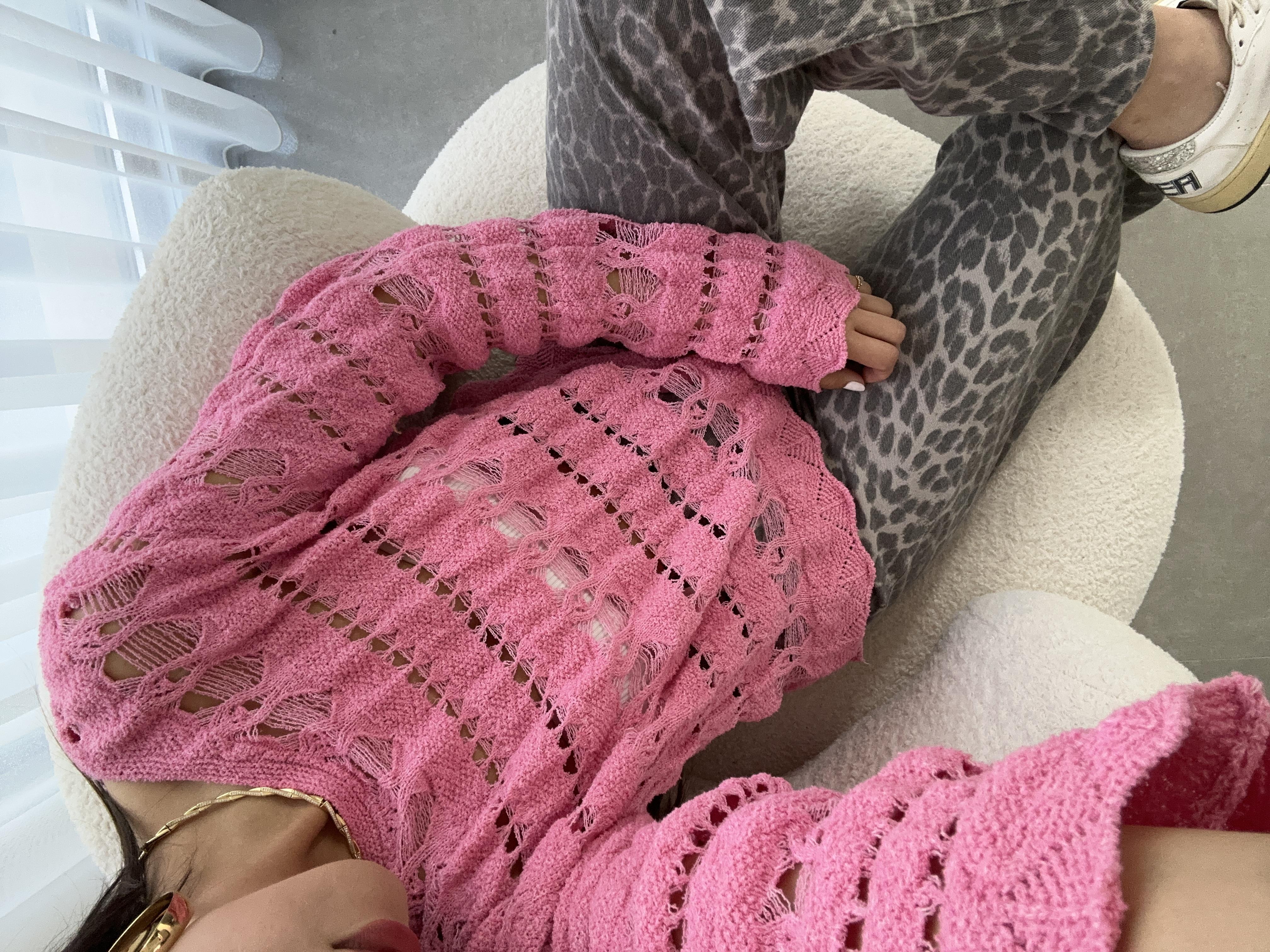 Pembe Ajurlu Triko Bluz