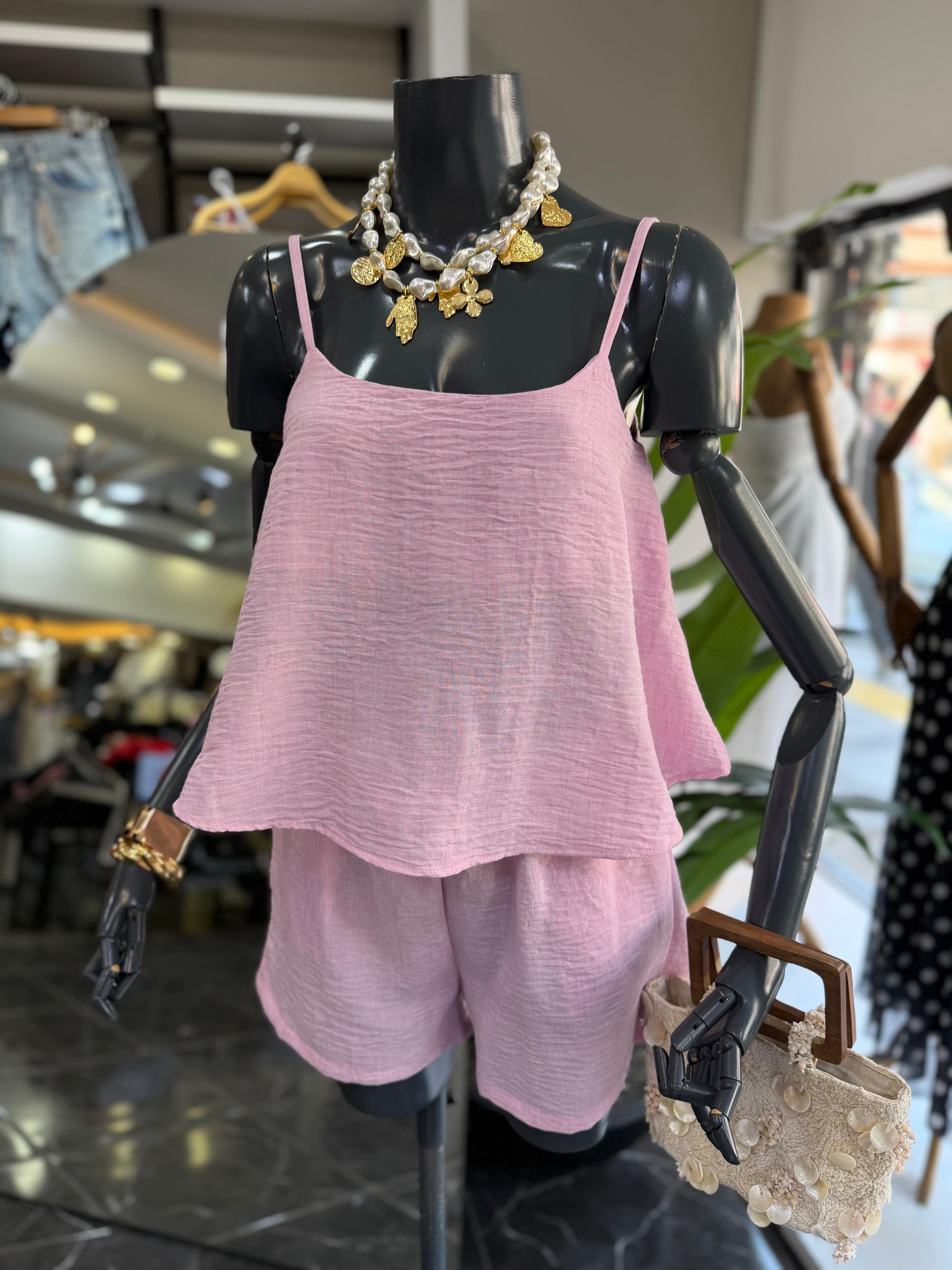 Levure Pembe Askılı Crop Bluz