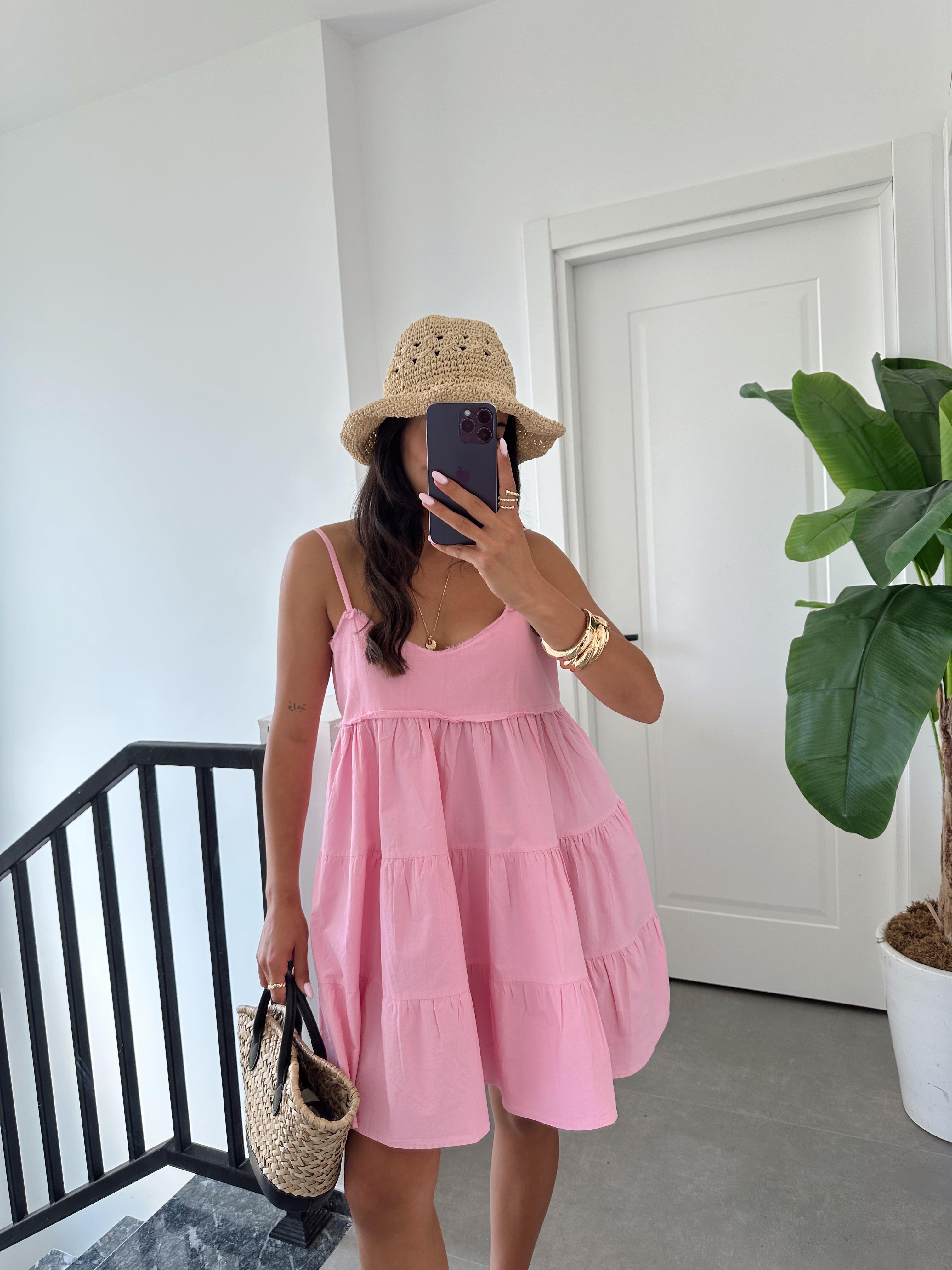 Pembe Askılı Mini Elbise