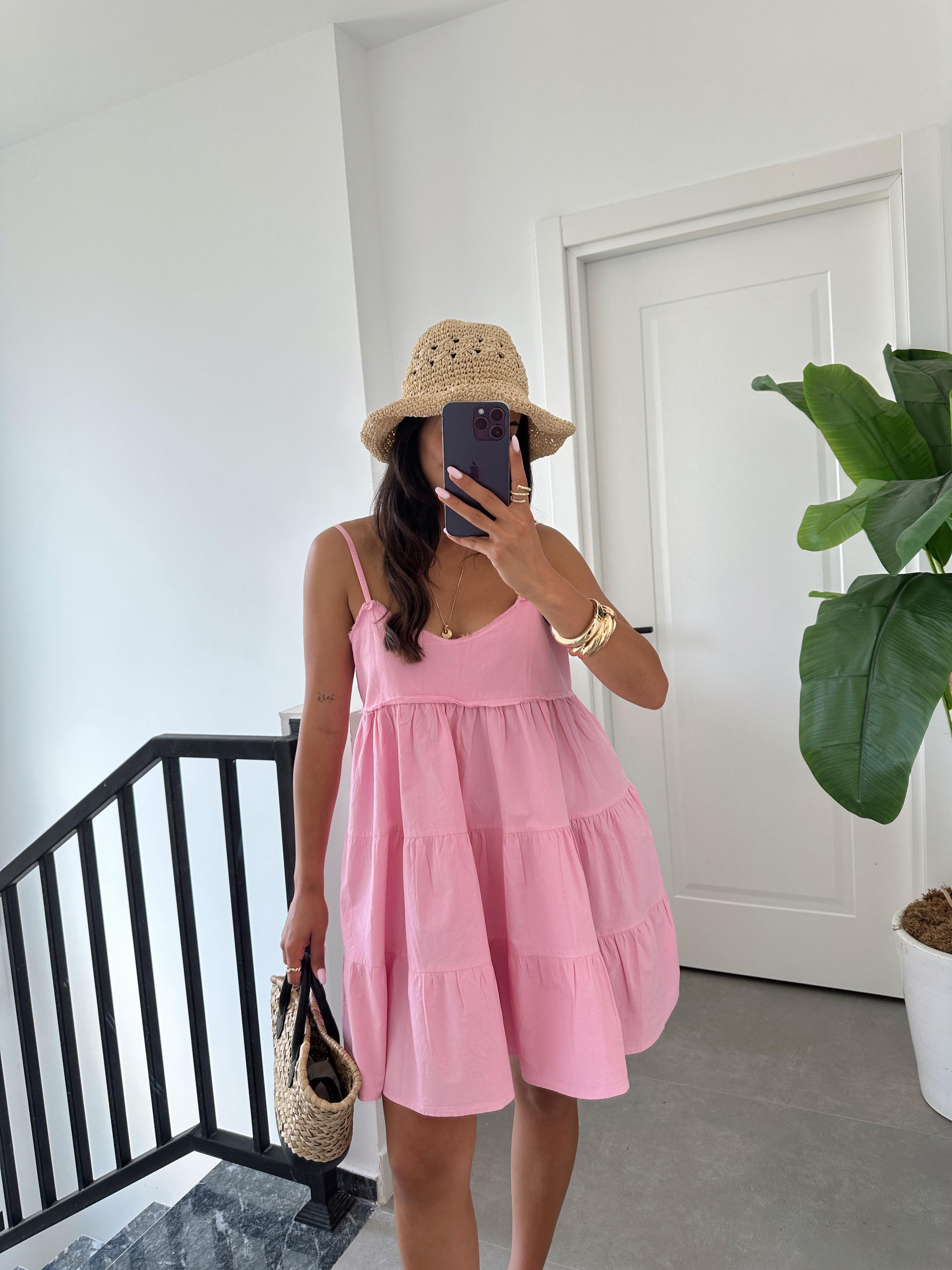 Pembe Askılı Mini Elbise