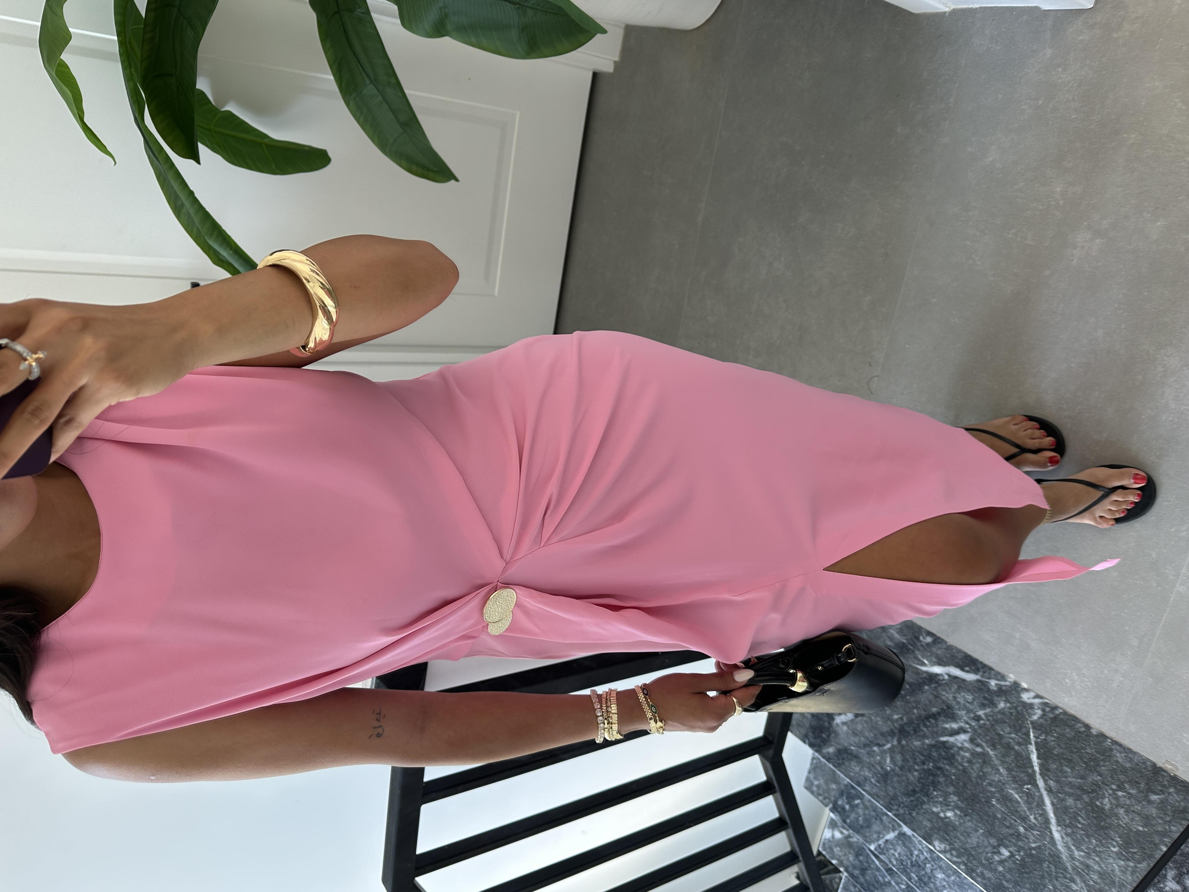 Pembe Belden Düğmeli Elbise