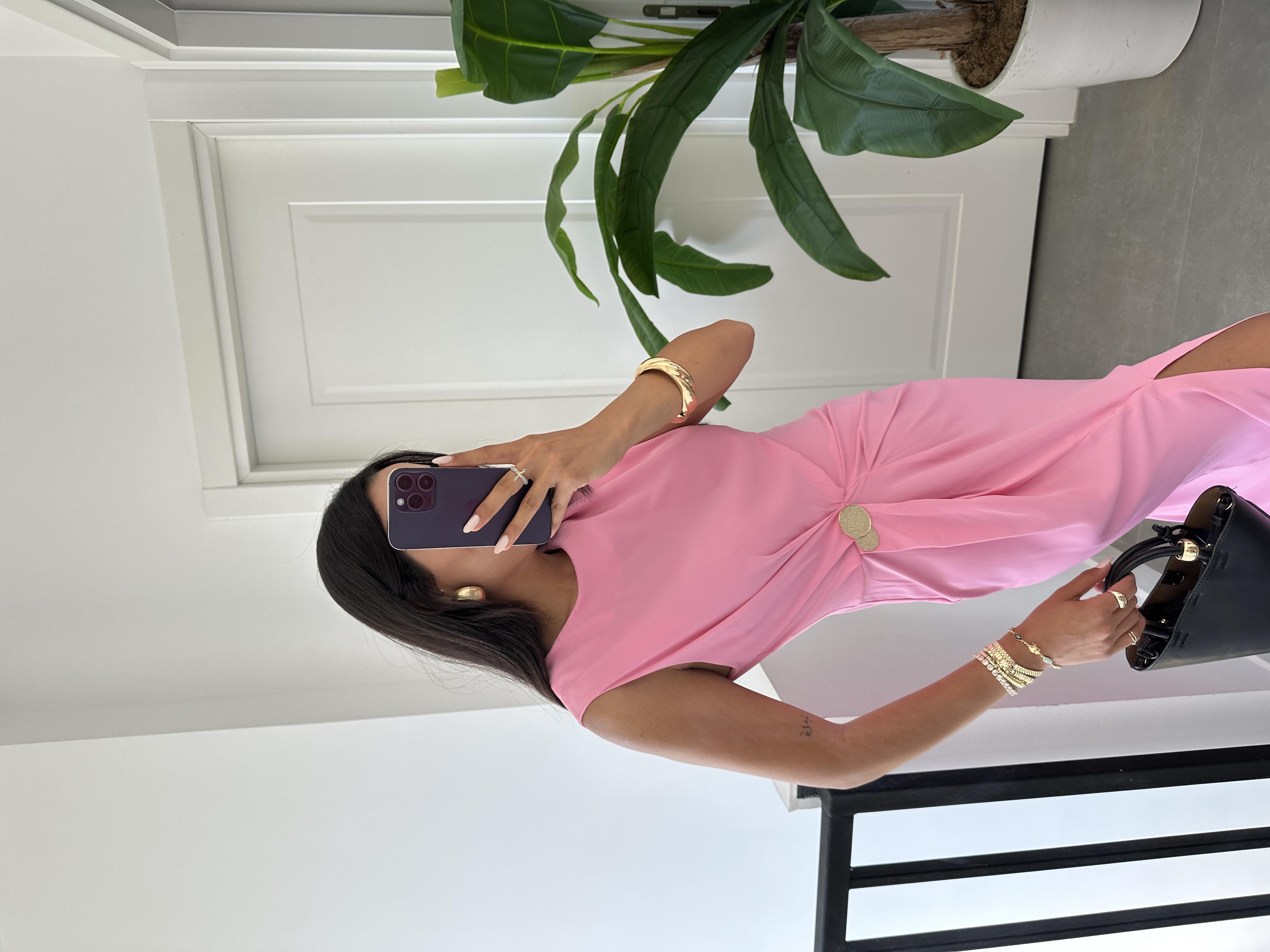 Pembe Belden Düğmeli Elbise