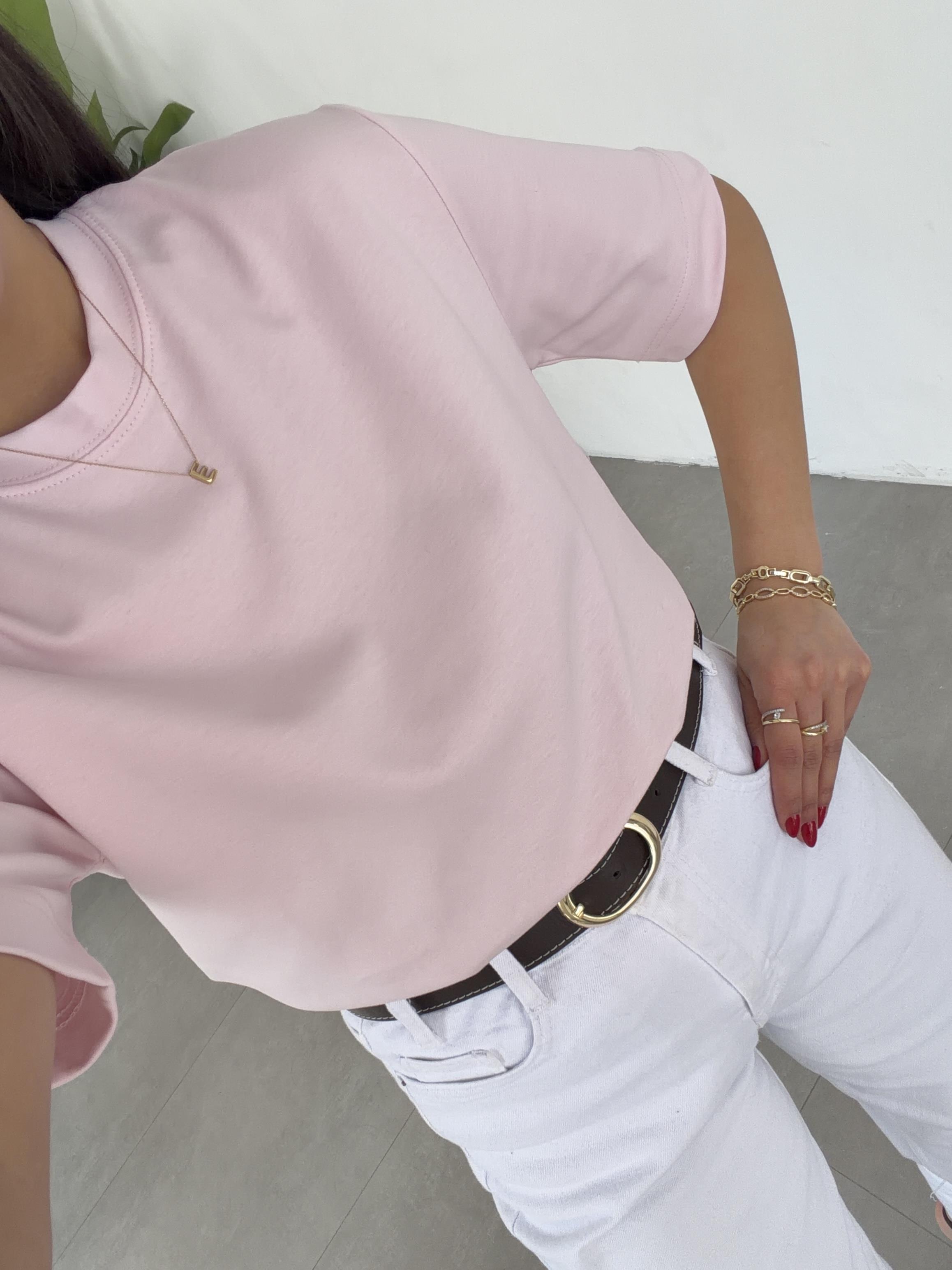 Pembe Bisiklet Yaka  T-Shirt