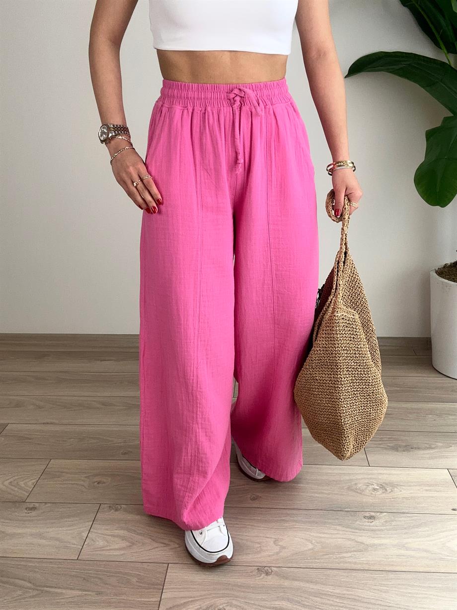 Pembe Bol Paça Keten Pantolon